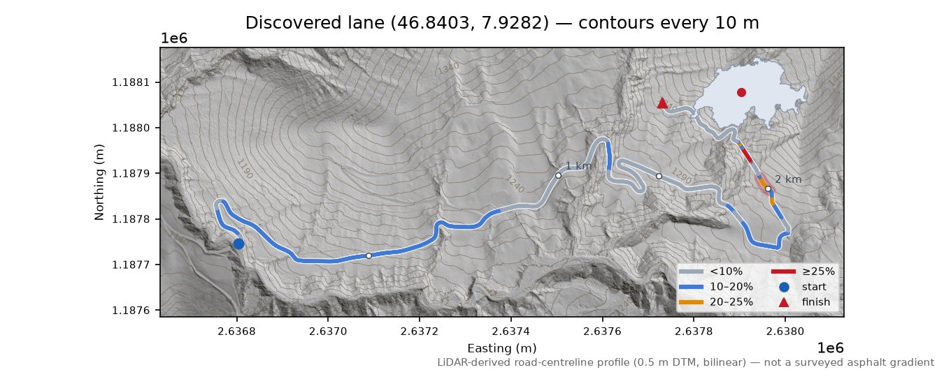 Discovered lane (46.8403, 7.9282) LiDAR hillshade map with contours