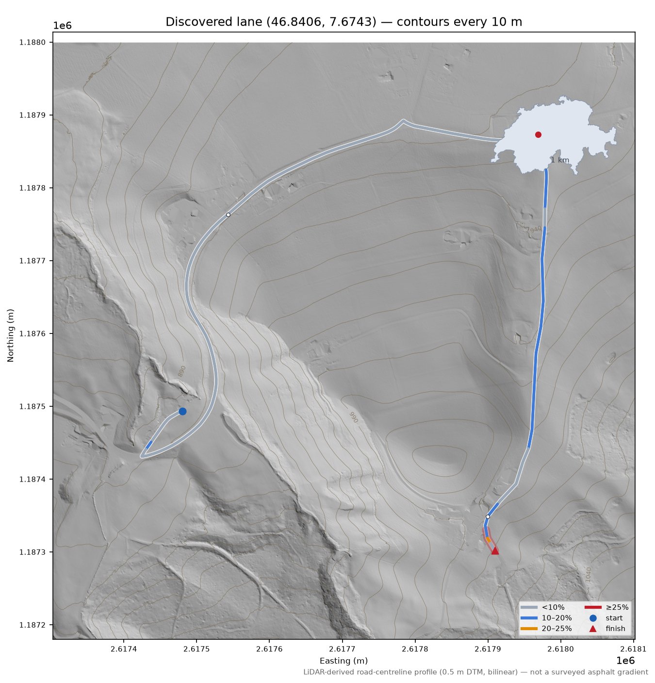 Discovered lane (46.8406, 7.6743) LiDAR hillshade map with contours