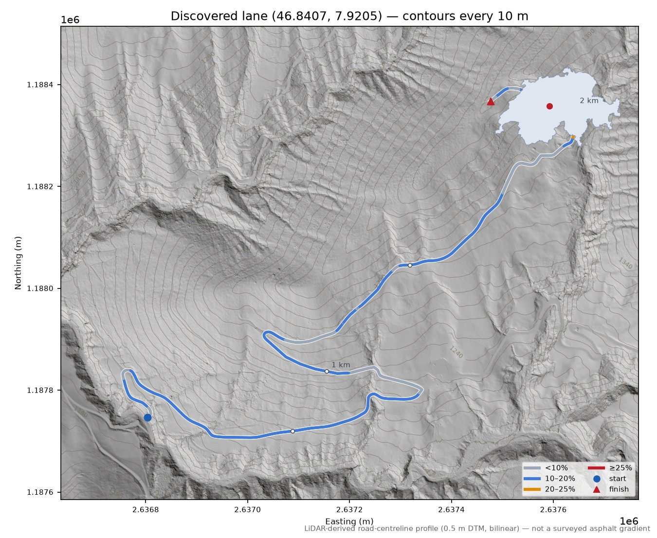 Discovered lane (46.8407, 7.9205) LiDAR hillshade map with contours