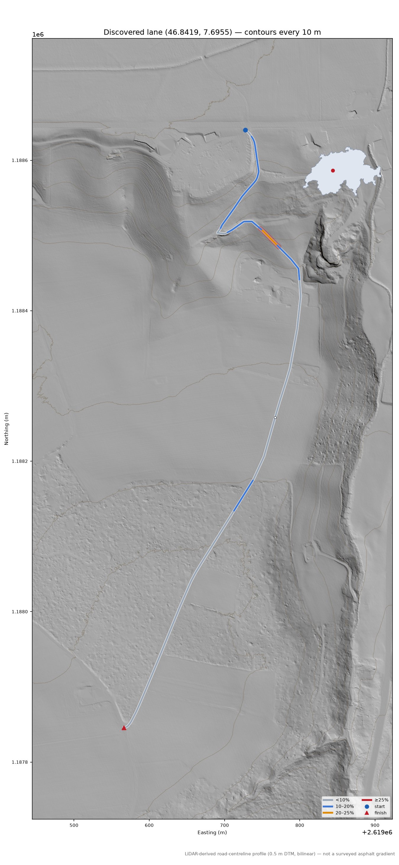 Discovered lane (46.8419, 7.6955) LiDAR hillshade map with contours