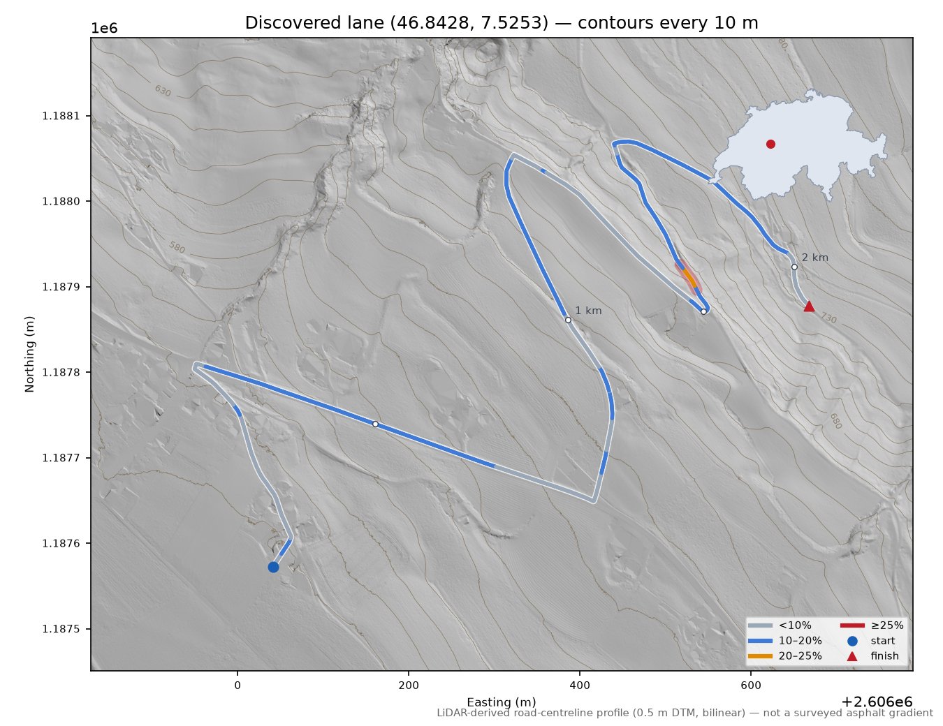Discovered lane (46.8428, 7.5253) LiDAR hillshade map with contours