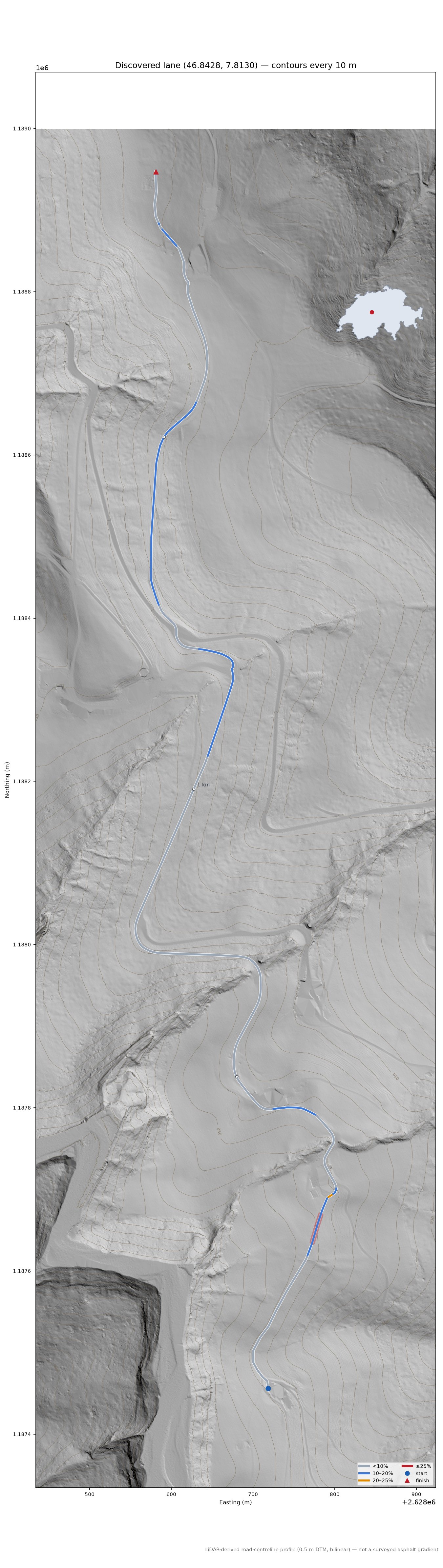 Discovered lane (46.8428, 7.8130) LiDAR hillshade map with contours