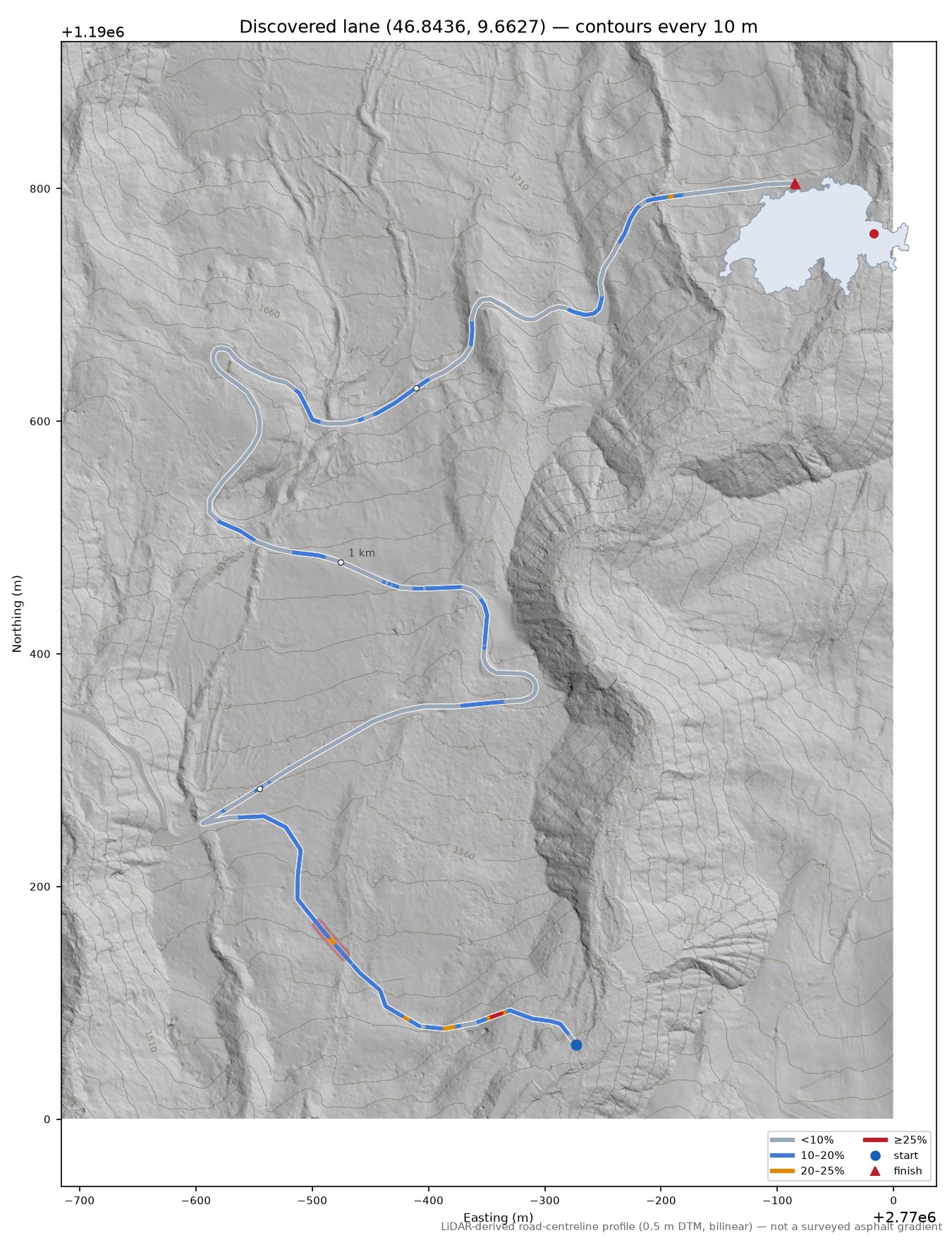 Discovered lane (46.8436, 9.6627) LiDAR hillshade map with contours