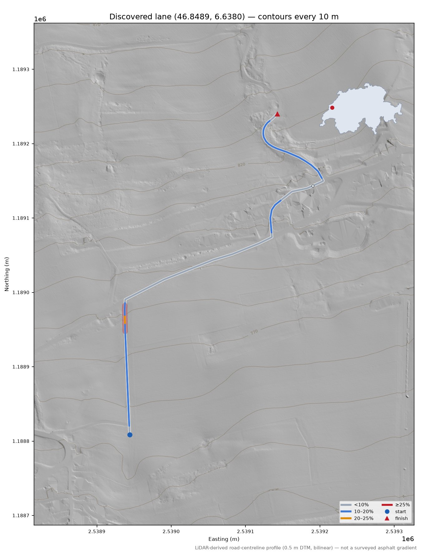Discovered lane (46.8489, 6.6380) LiDAR hillshade map with contours