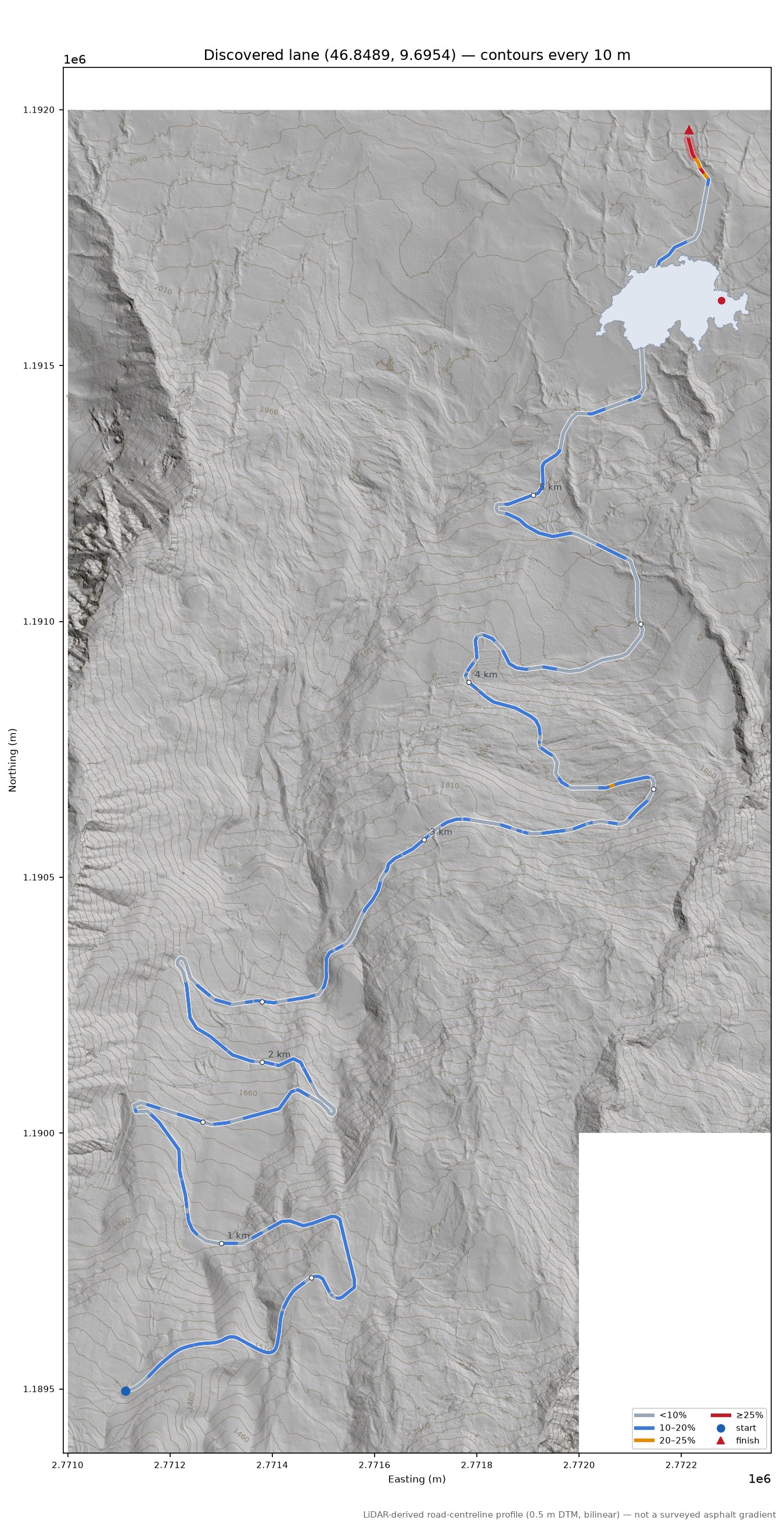Discovered lane (46.8489, 9.6954) LiDAR hillshade map with contours