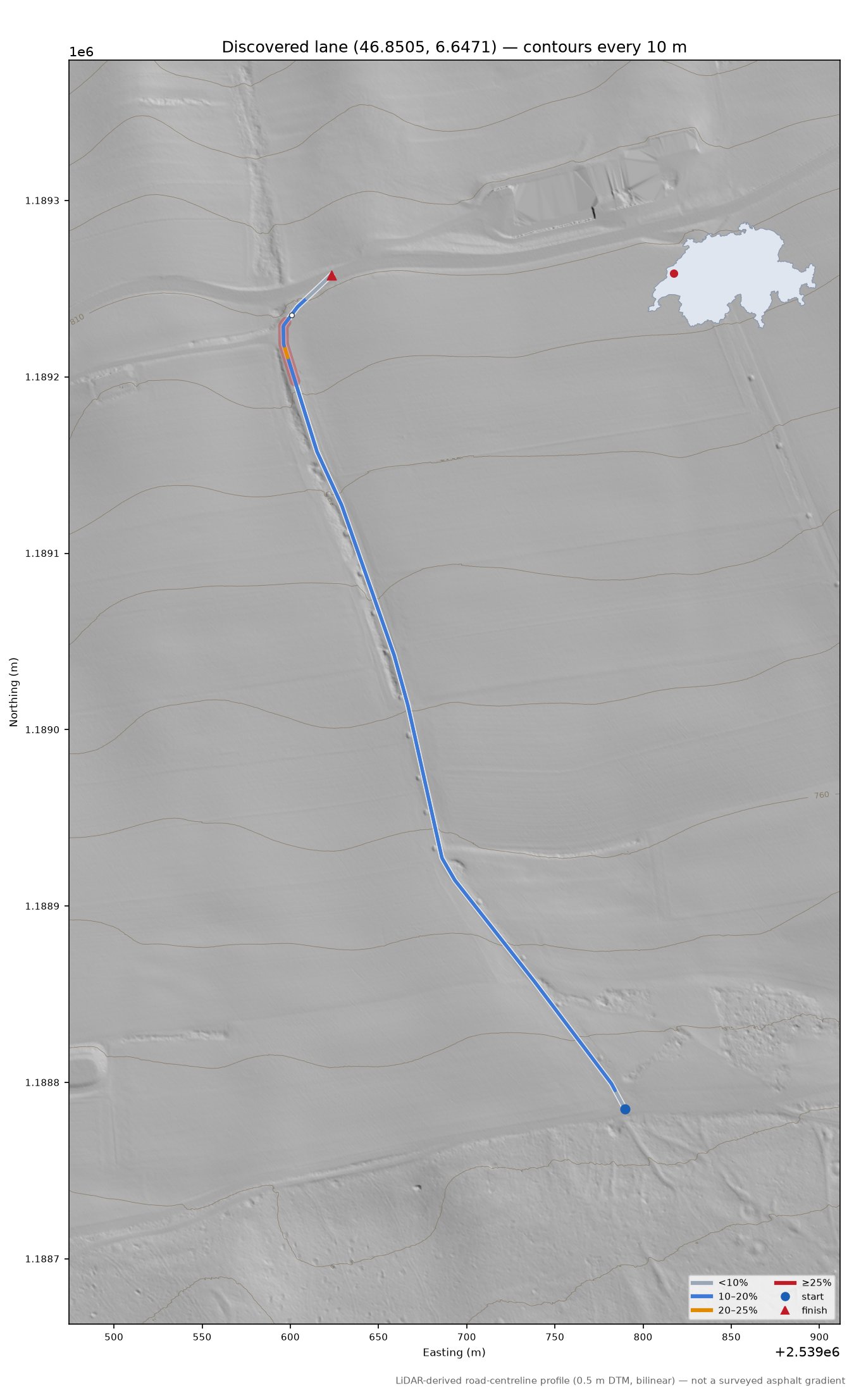 Discovered lane (46.8505, 6.6471) LiDAR hillshade map with contours