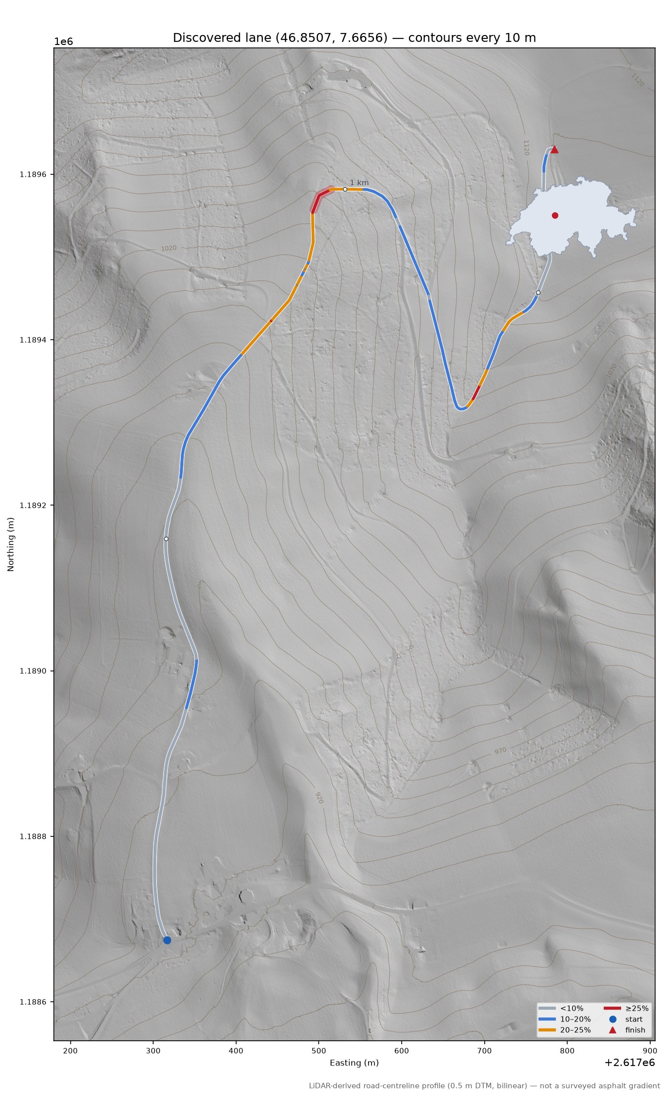 Discovered lane (46.8507, 7.6656) LiDAR hillshade map with contours
