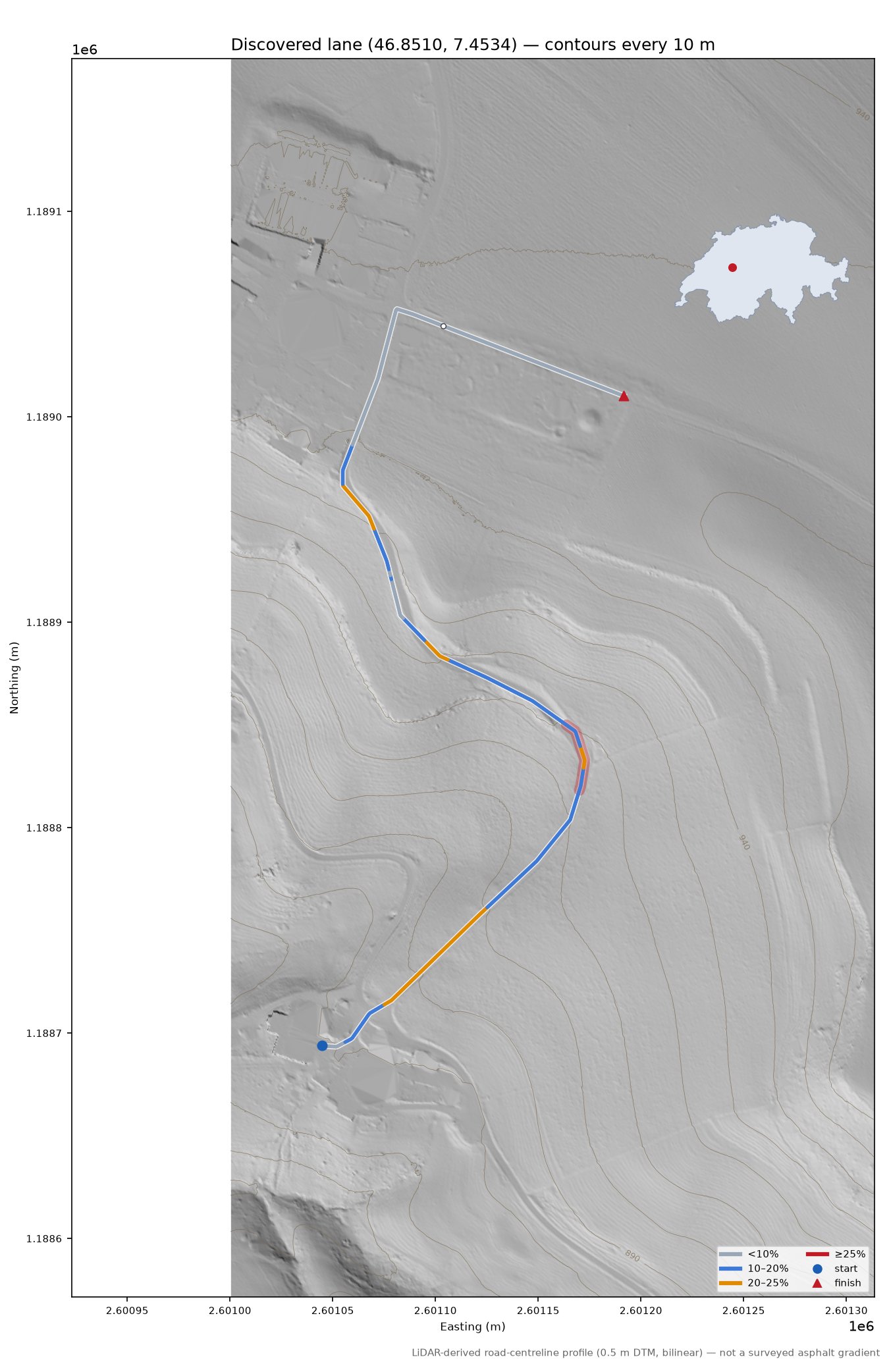 Discovered lane (46.8510, 7.4534) LiDAR hillshade map with contours