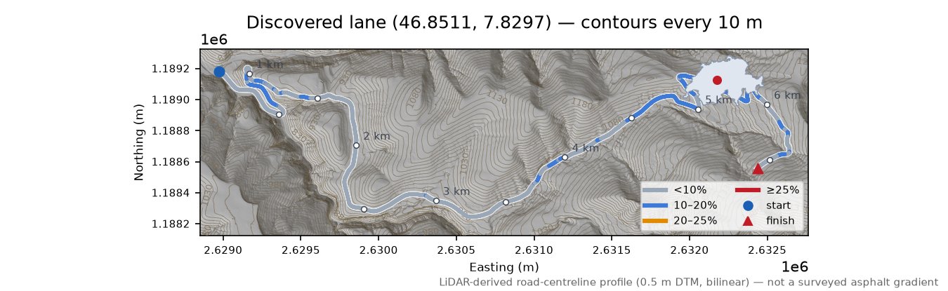 Discovered lane (46.8511, 7.8297) LiDAR hillshade map with contours