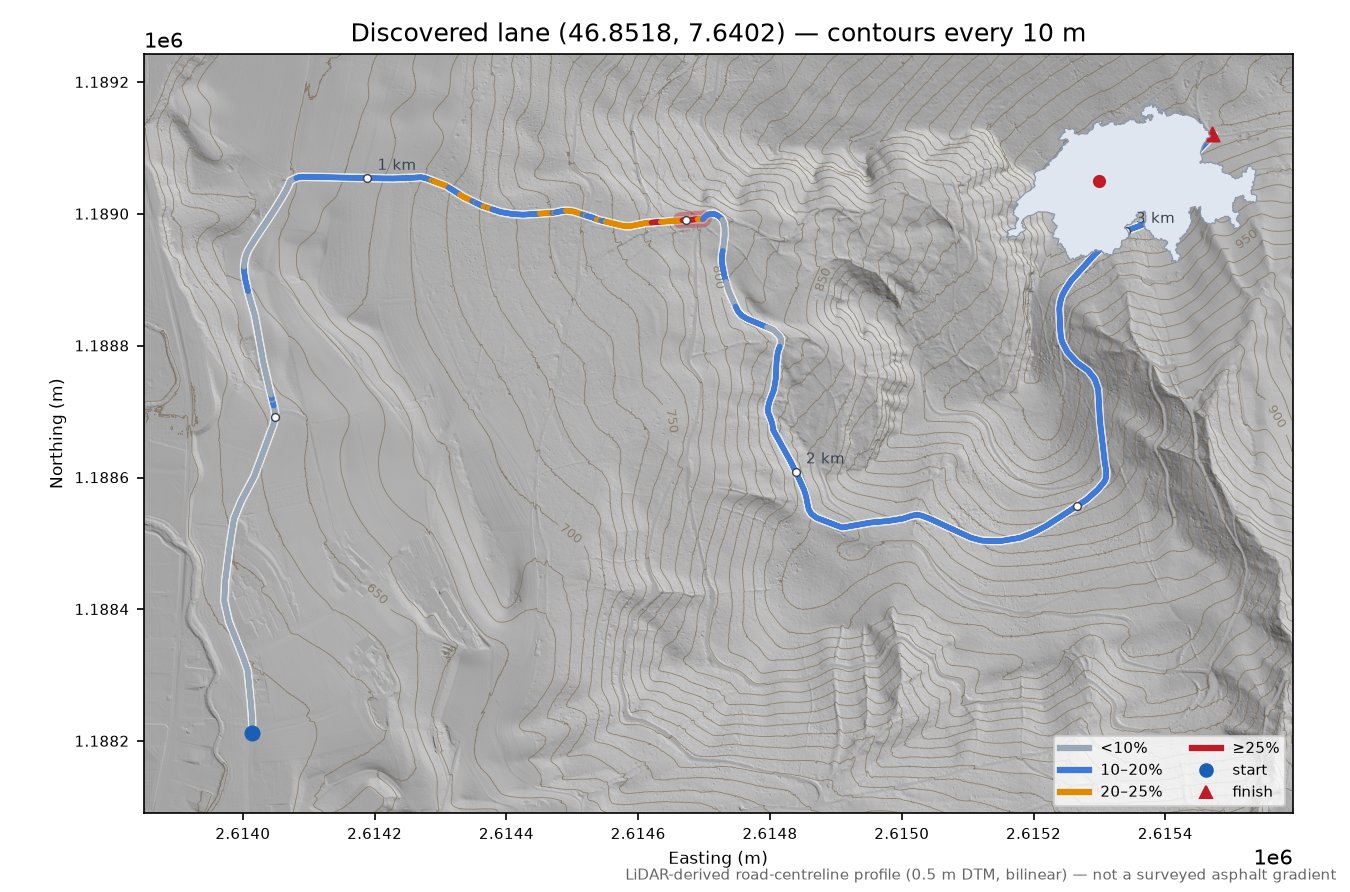 Discovered lane (46.8518, 7.6402) LiDAR hillshade map with contours