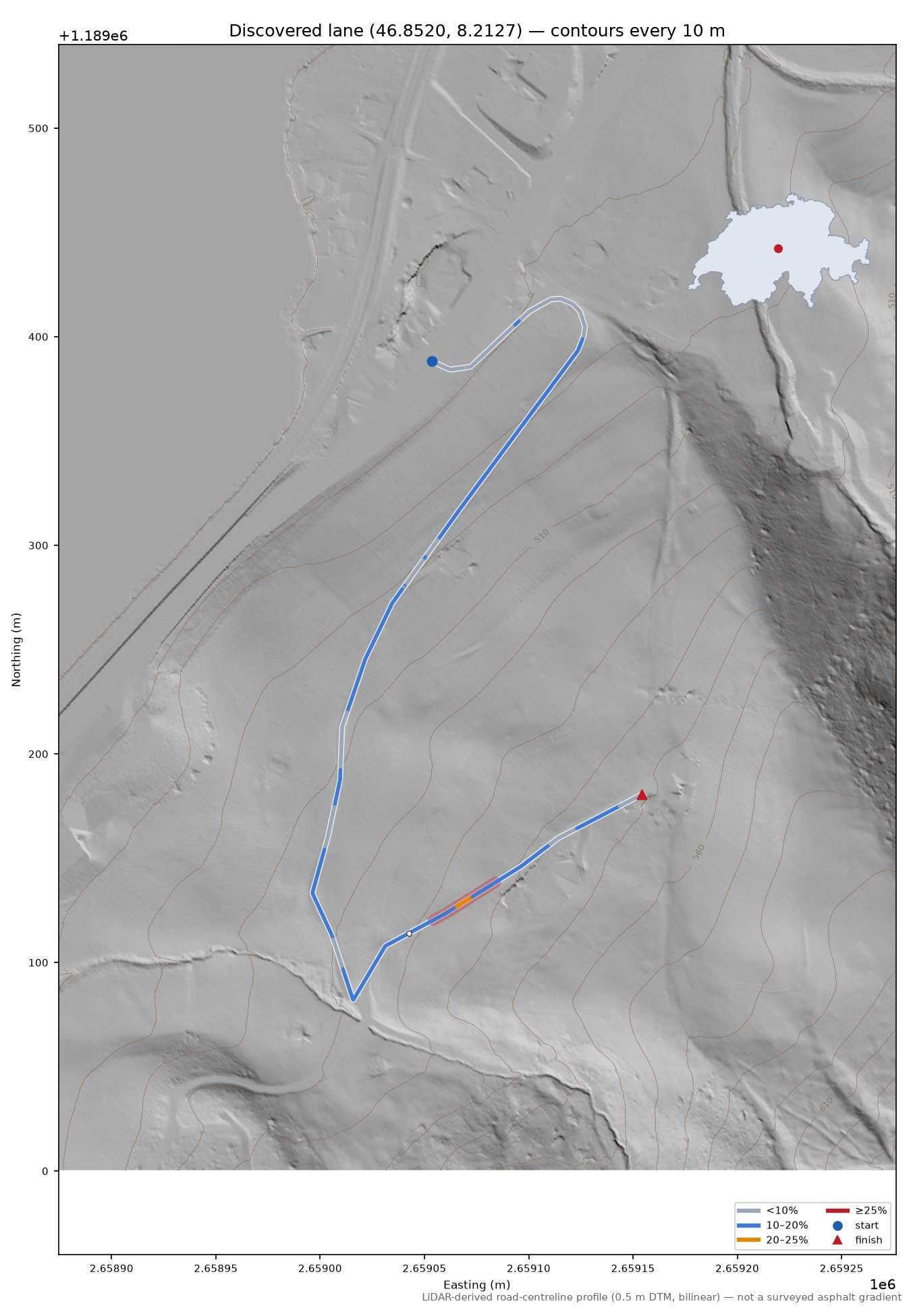 Discovered lane (46.8520, 8.2127) LiDAR hillshade map with contours