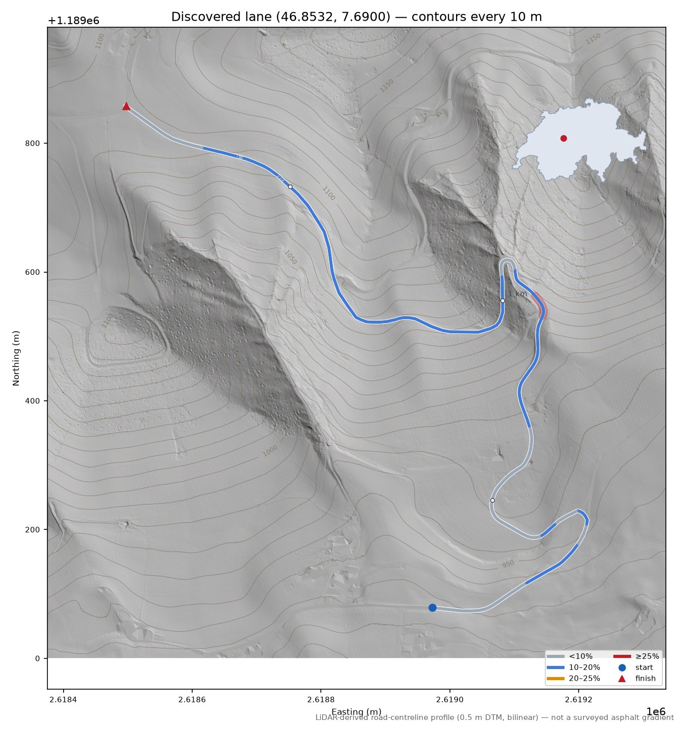 Discovered lane (46.8532, 7.6900) LiDAR hillshade map with contours