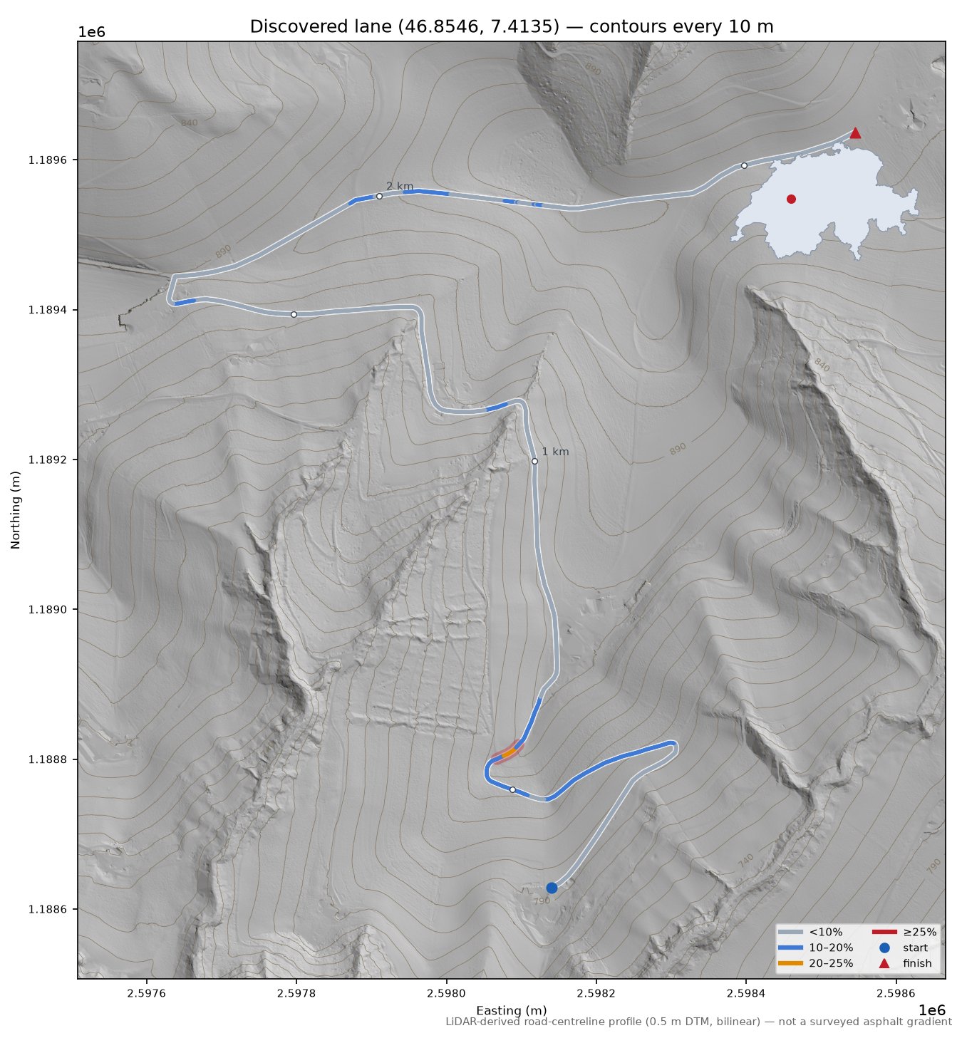 Discovered lane (46.8546, 7.4135) LiDAR hillshade map with contours