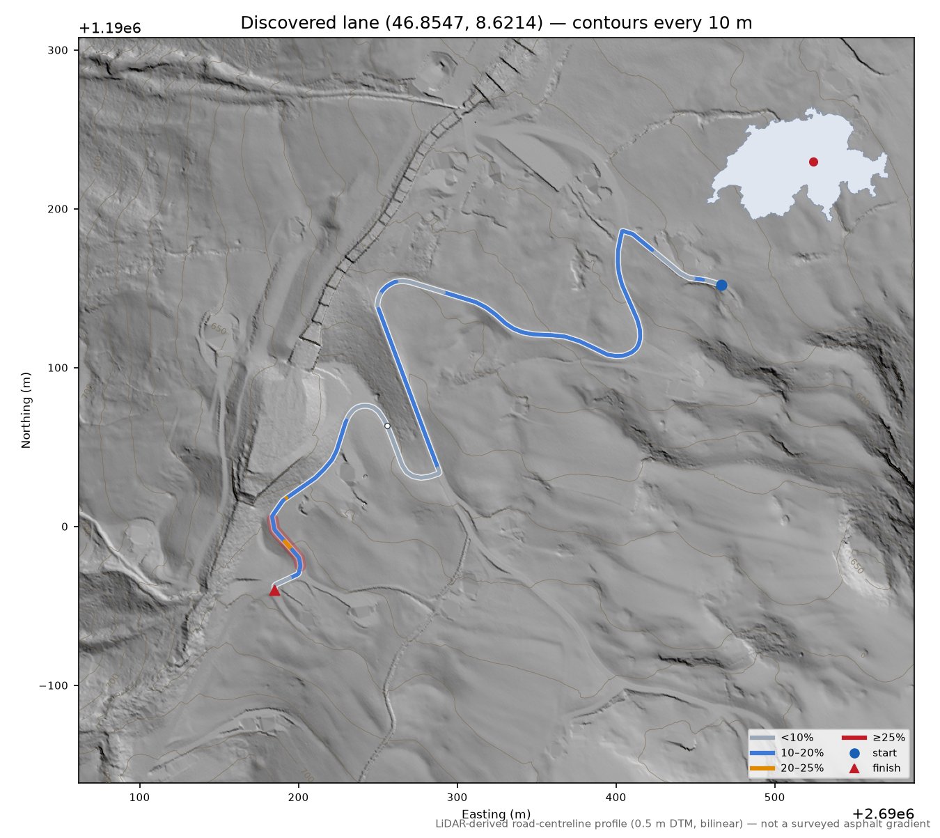 Discovered lane (46.8547, 8.6214) LiDAR hillshade map with contours