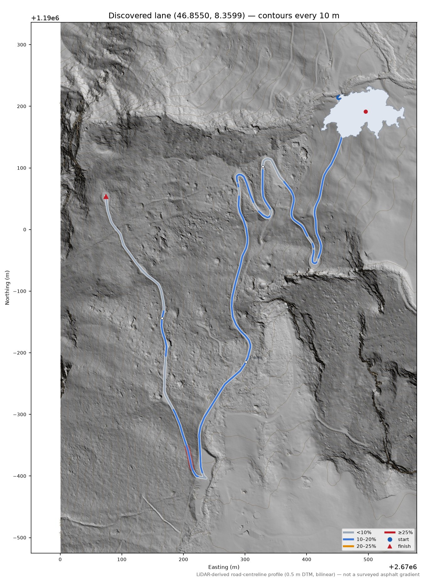 Discovered lane (46.8550, 8.3599) LiDAR hillshade map with contours