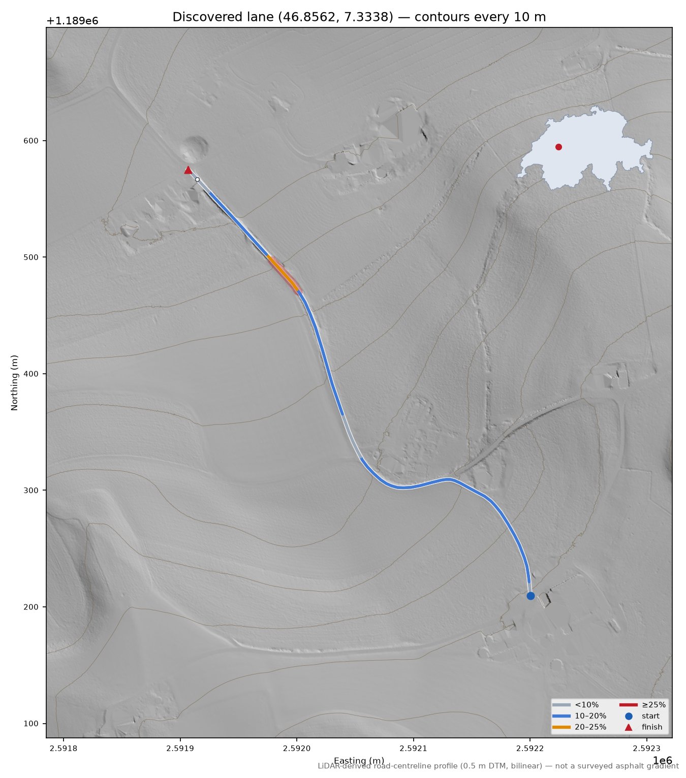 Discovered lane (46.8562, 7.3338) LiDAR hillshade map with contours