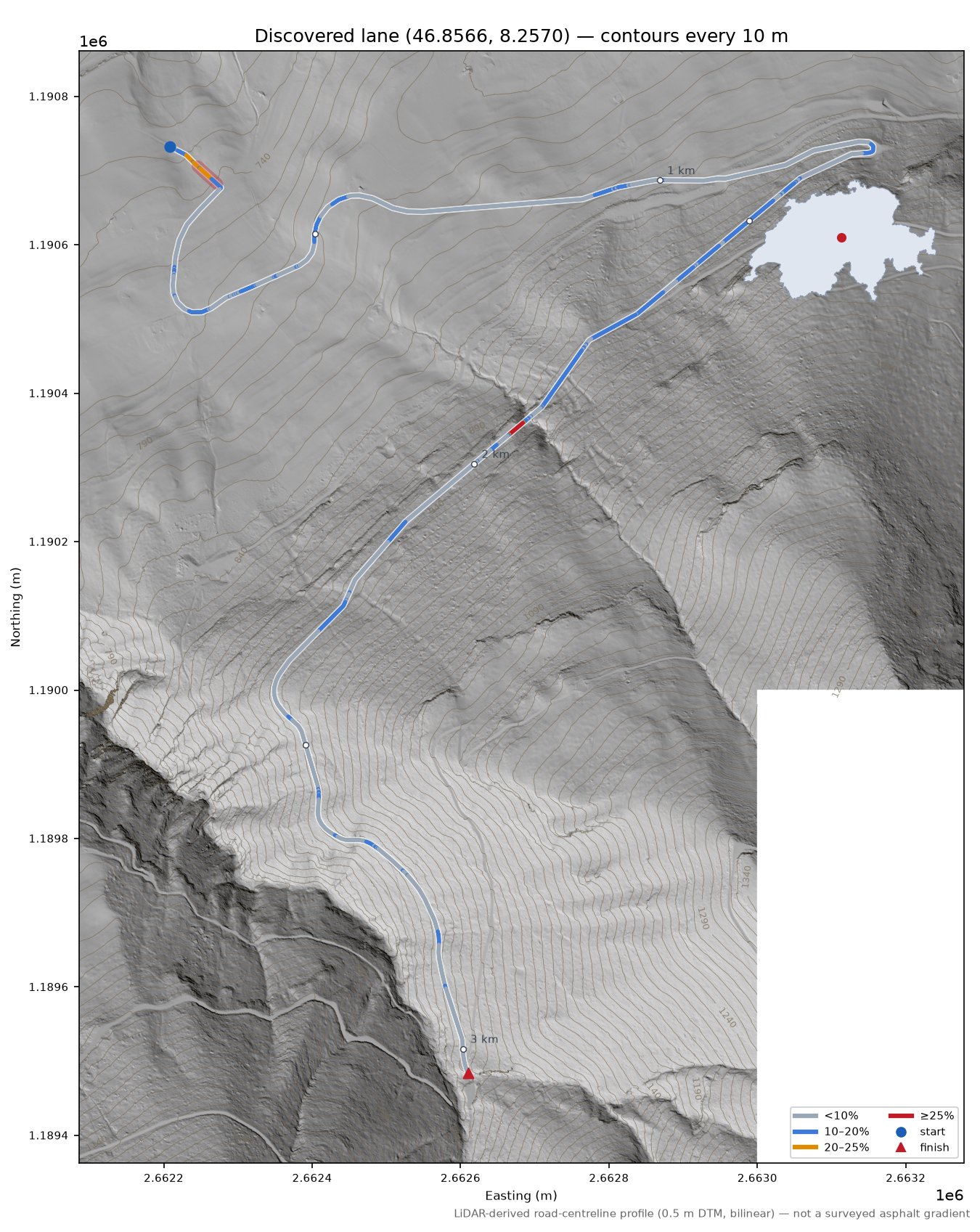 Discovered lane (46.8566, 8.2570) LiDAR hillshade map with contours