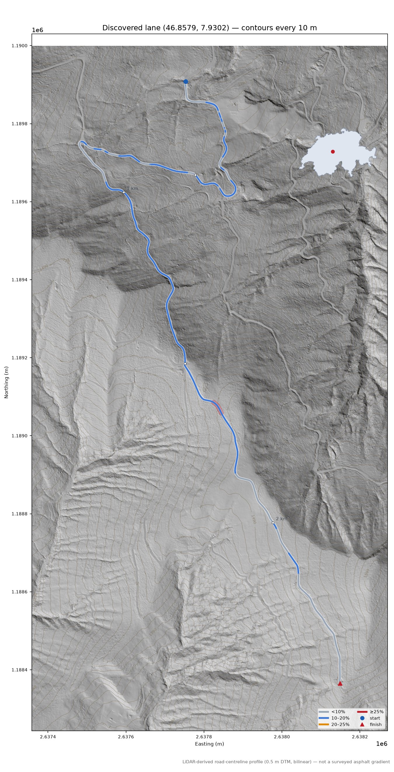 Discovered lane (46.8579, 7.9302) LiDAR hillshade map with contours