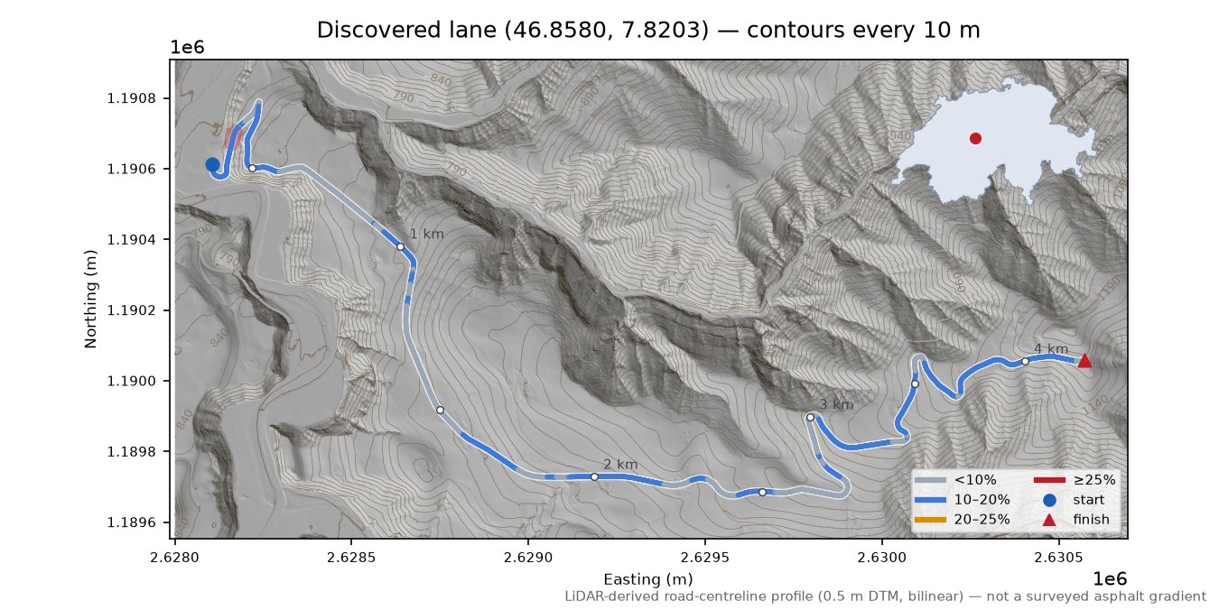 Discovered lane (46.8580, 7.8203) LiDAR hillshade map with contours