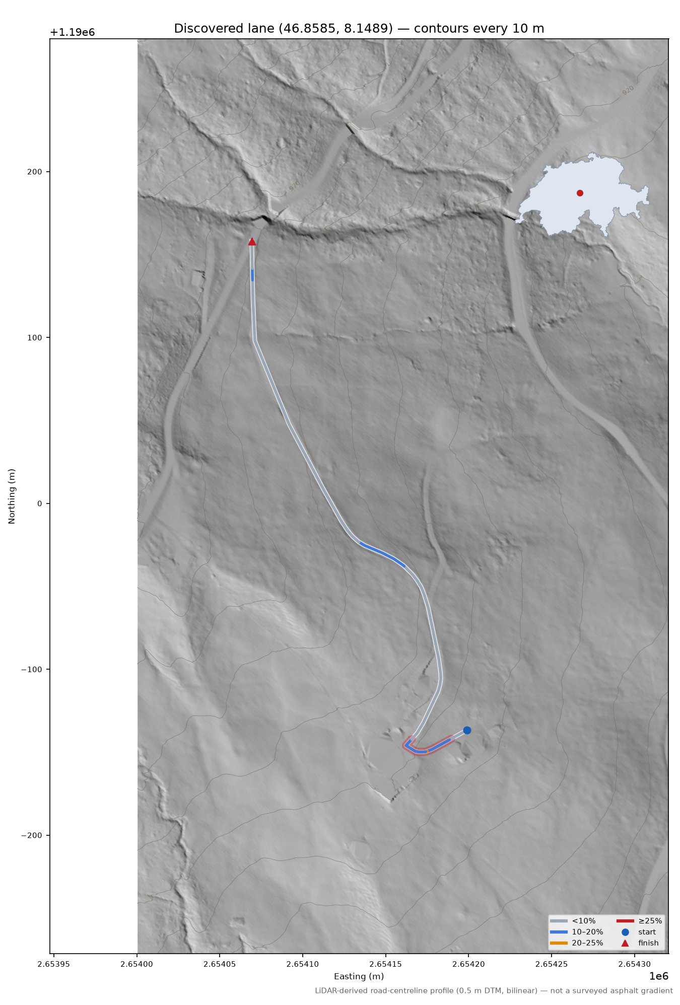 Discovered lane (46.8585, 8.1489) LiDAR hillshade map with contours