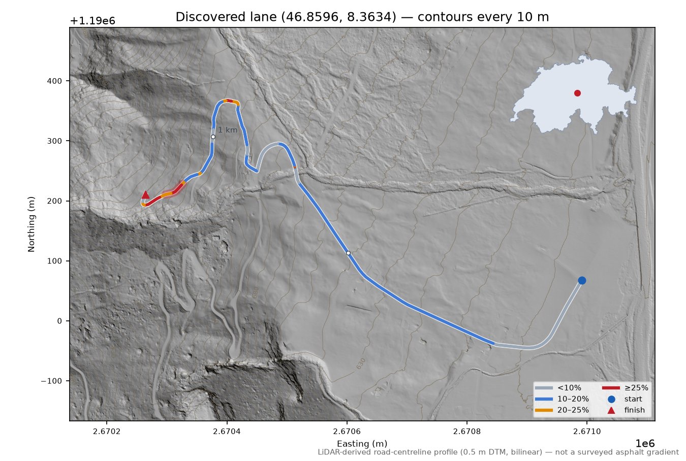 Discovered lane (46.8596, 8.3634) LiDAR hillshade map with contours