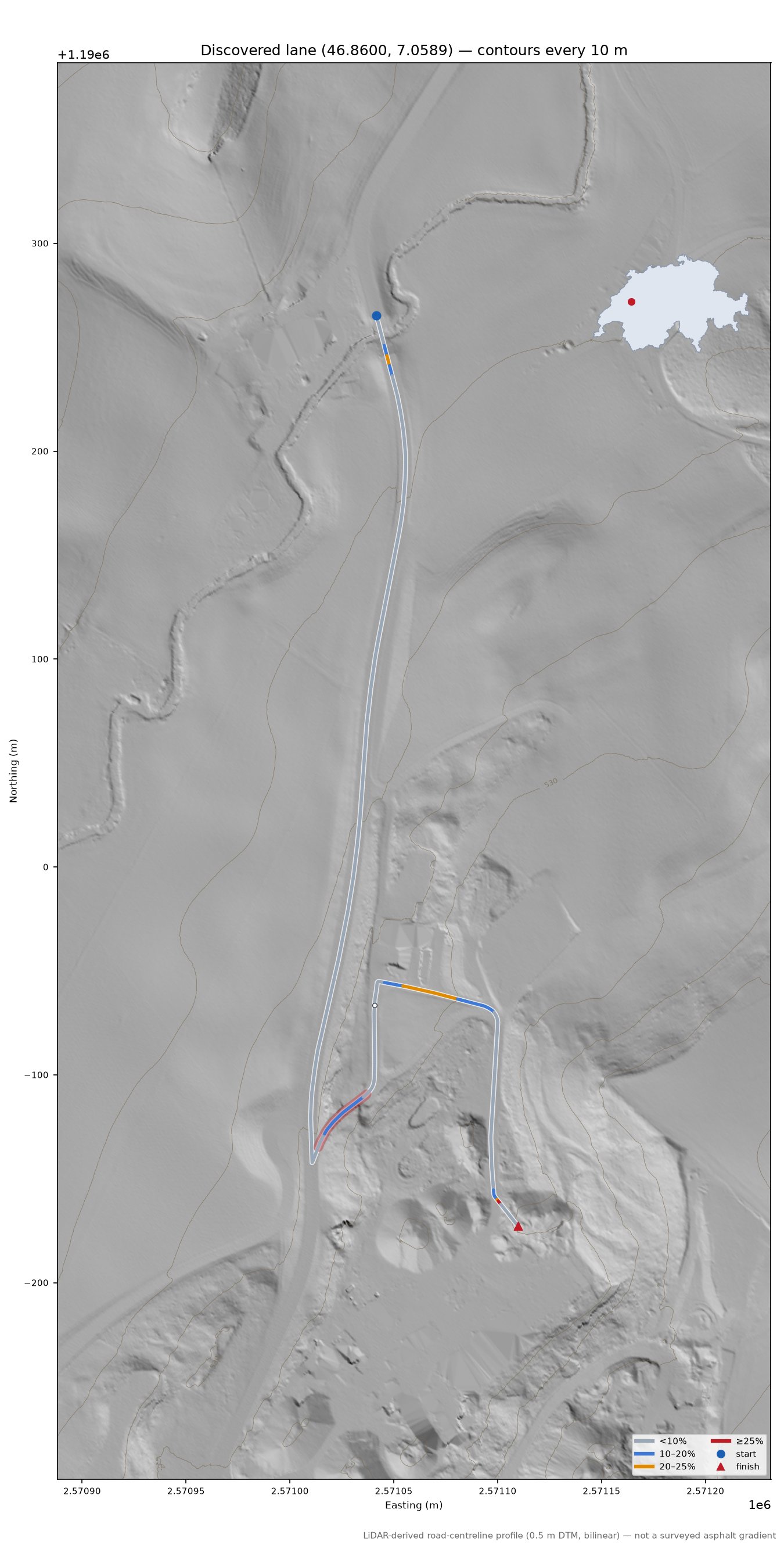 Discovered lane (46.8600, 7.0589) LiDAR hillshade map with contours