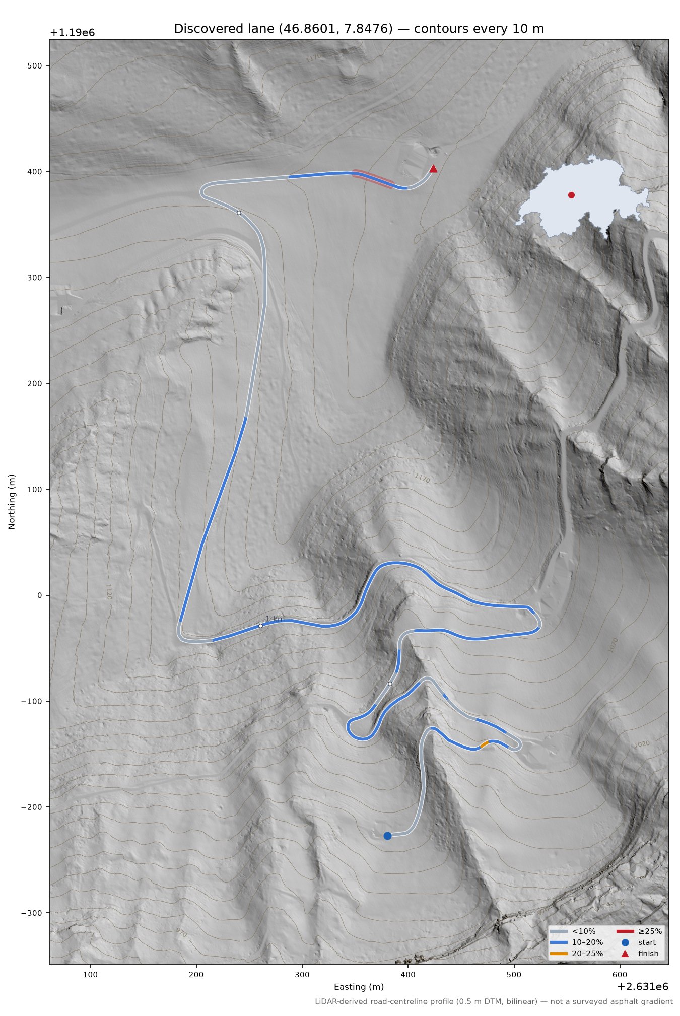 Discovered lane (46.8601, 7.8476) LiDAR hillshade map with contours