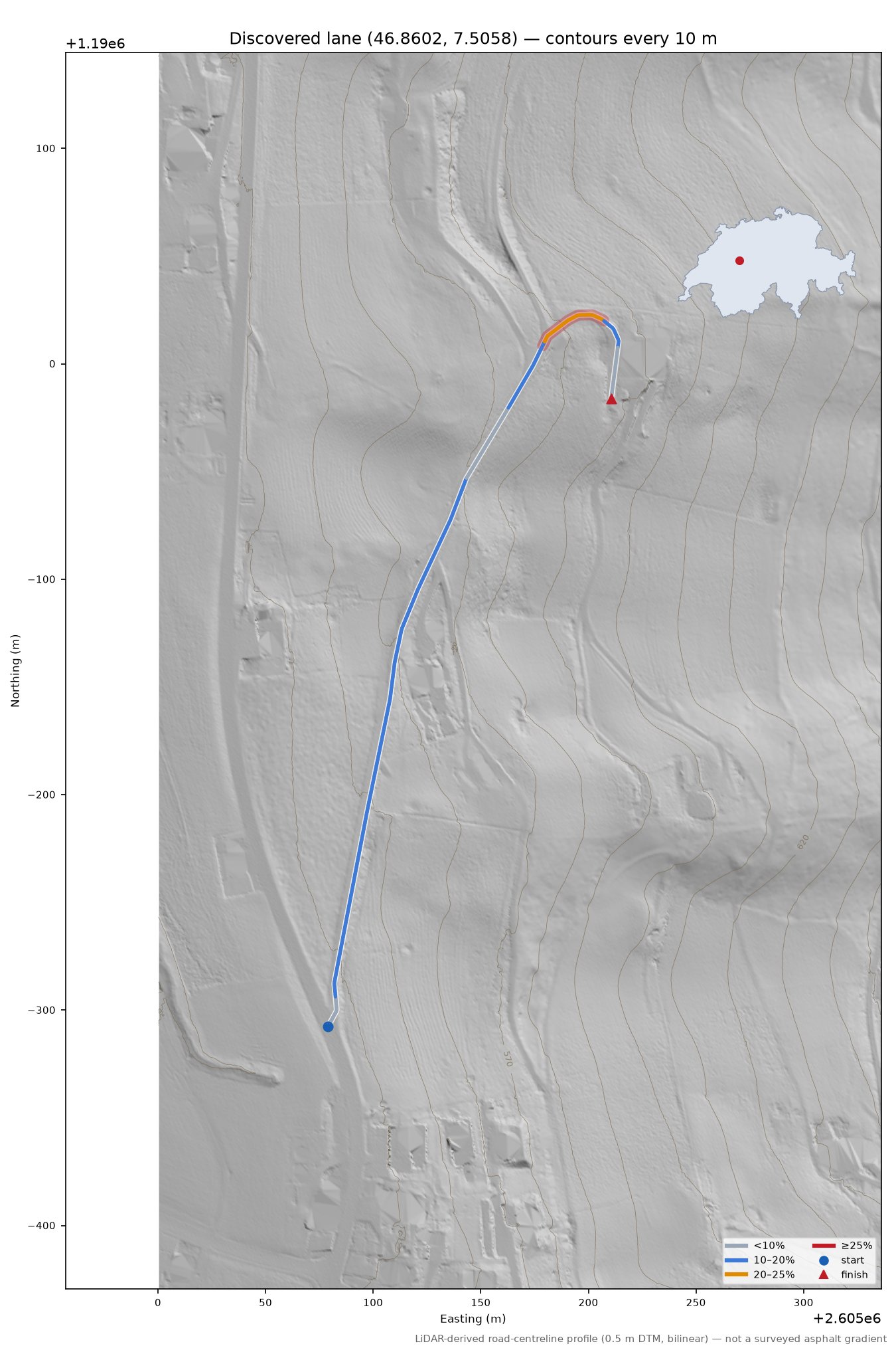 Discovered lane (46.8602, 7.5058) LiDAR hillshade map with contours