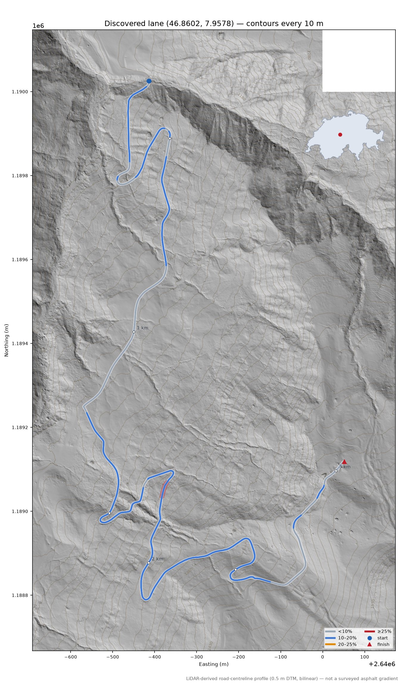 Discovered lane (46.8602, 7.9578) LiDAR hillshade map with contours