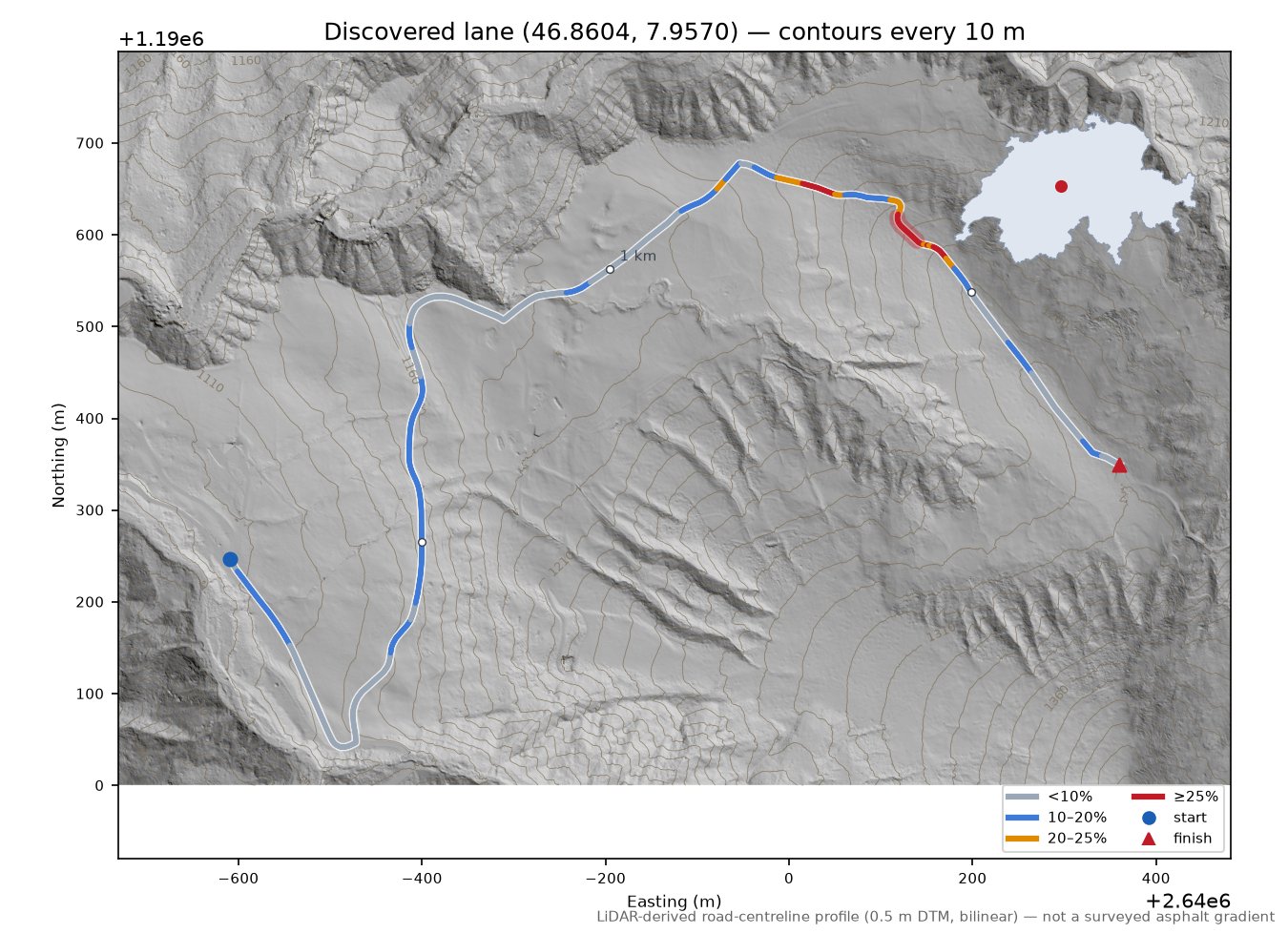 Discovered lane (46.8604, 7.9570) LiDAR hillshade map with contours