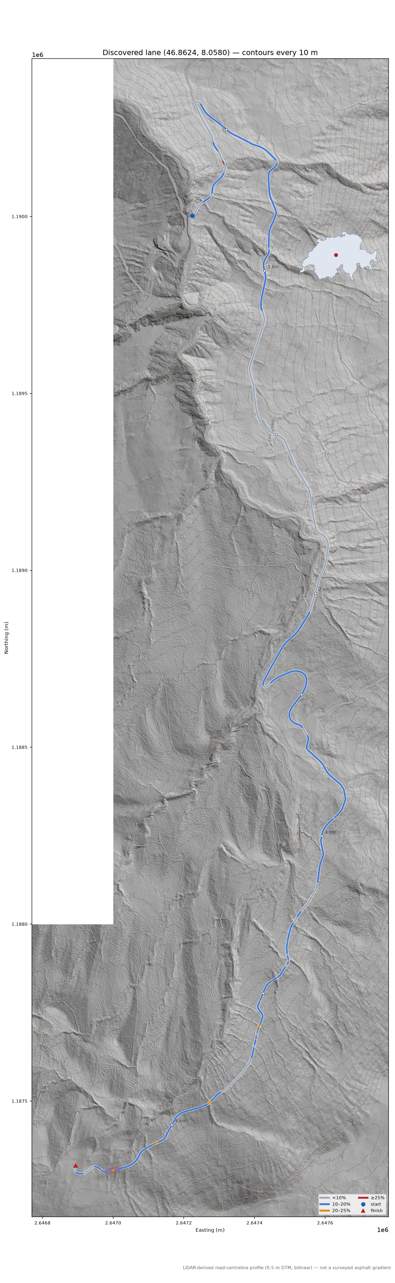 Discovered lane (46.8624, 8.0580) LiDAR hillshade map with contours