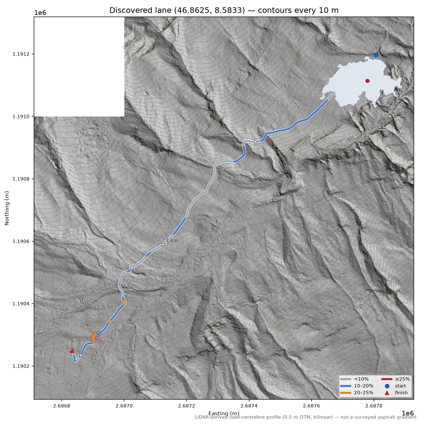 Discovered lane (46.8625, 8.5833) LiDAR hillshade map with contours