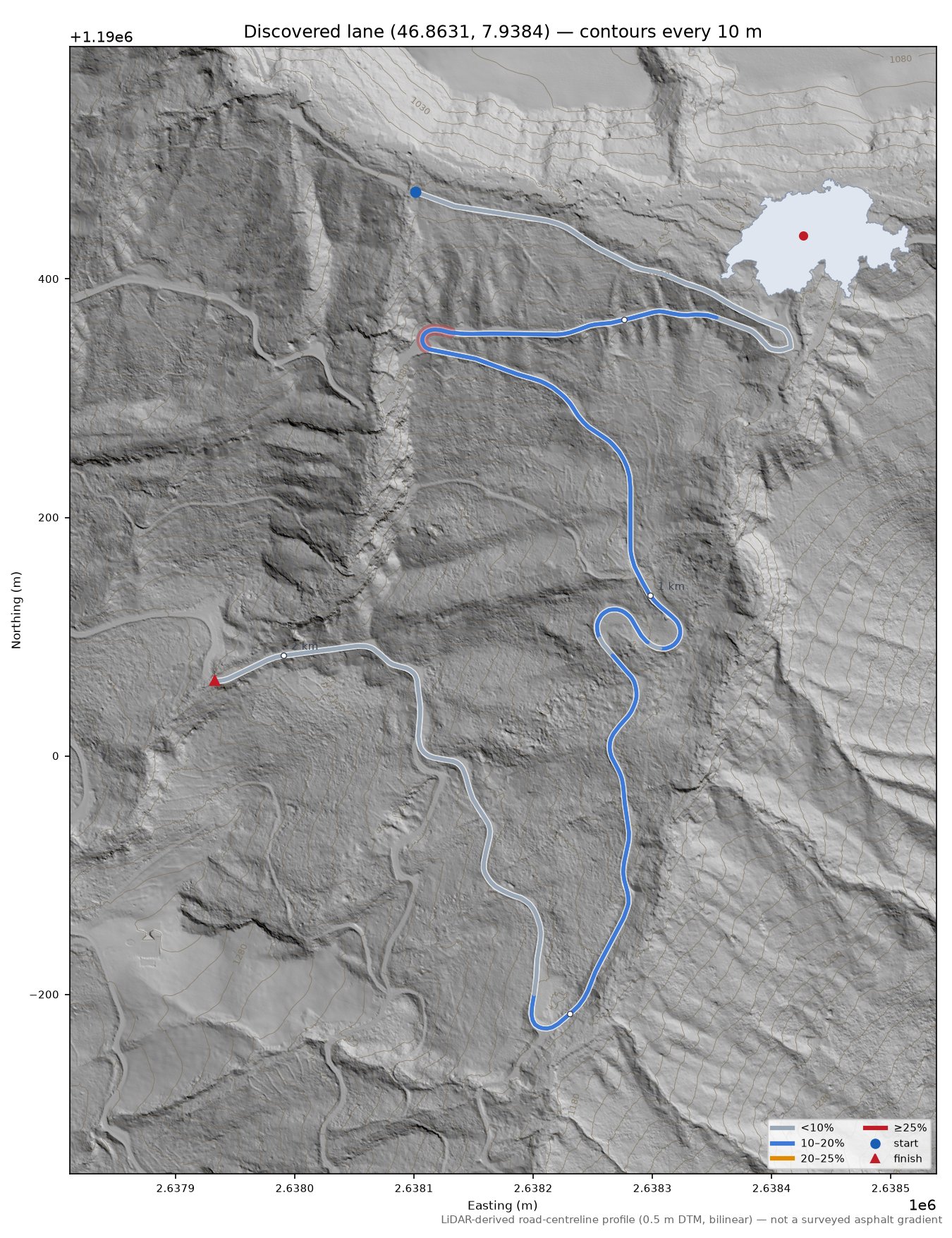 Discovered lane (46.8631, 7.9384) LiDAR hillshade map with contours