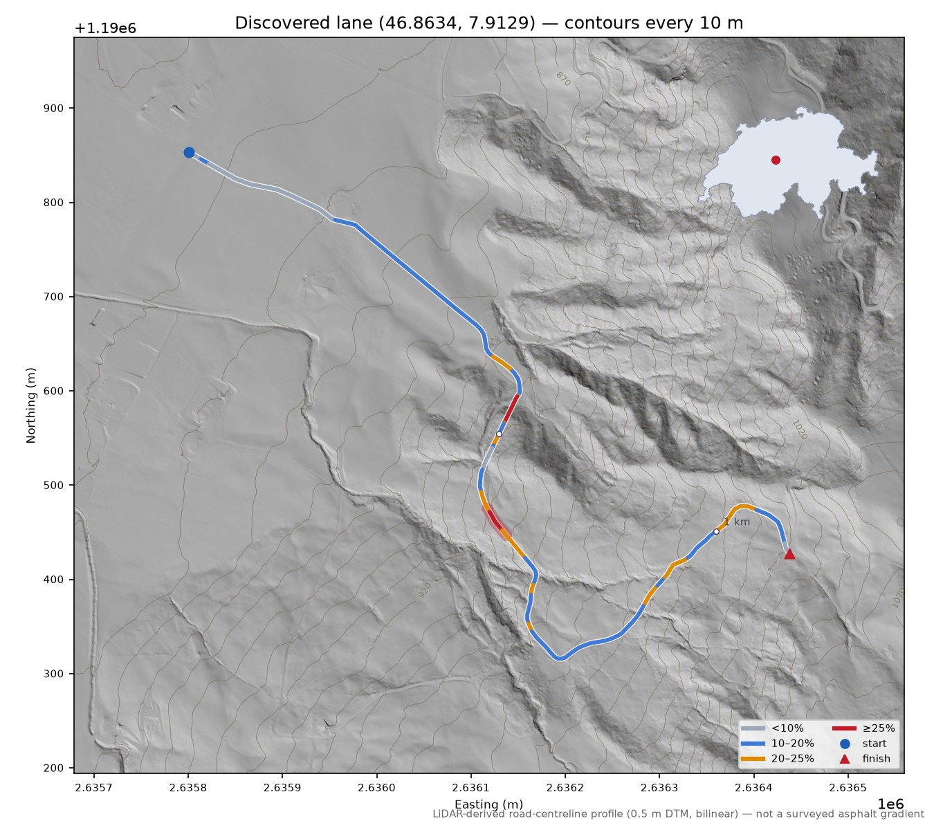 Discovered lane (46.8634, 7.9129) LiDAR hillshade map with contours