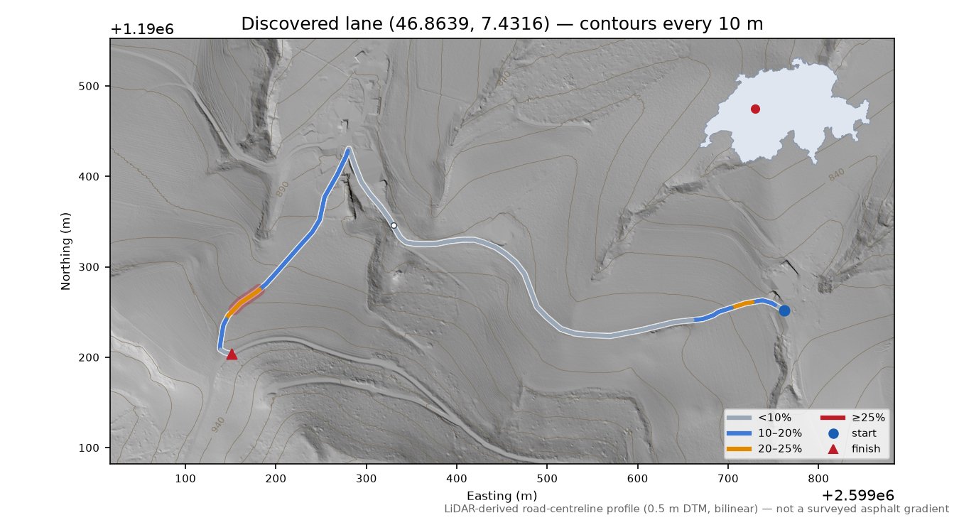 Discovered lane (46.8639, 7.4316) LiDAR hillshade map with contours