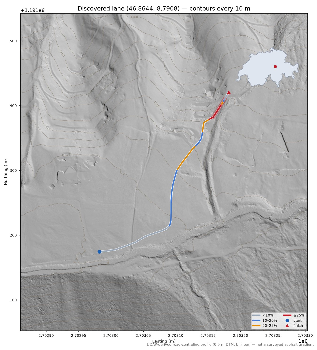 Discovered lane (46.8644, 8.7908) LiDAR hillshade map with contours