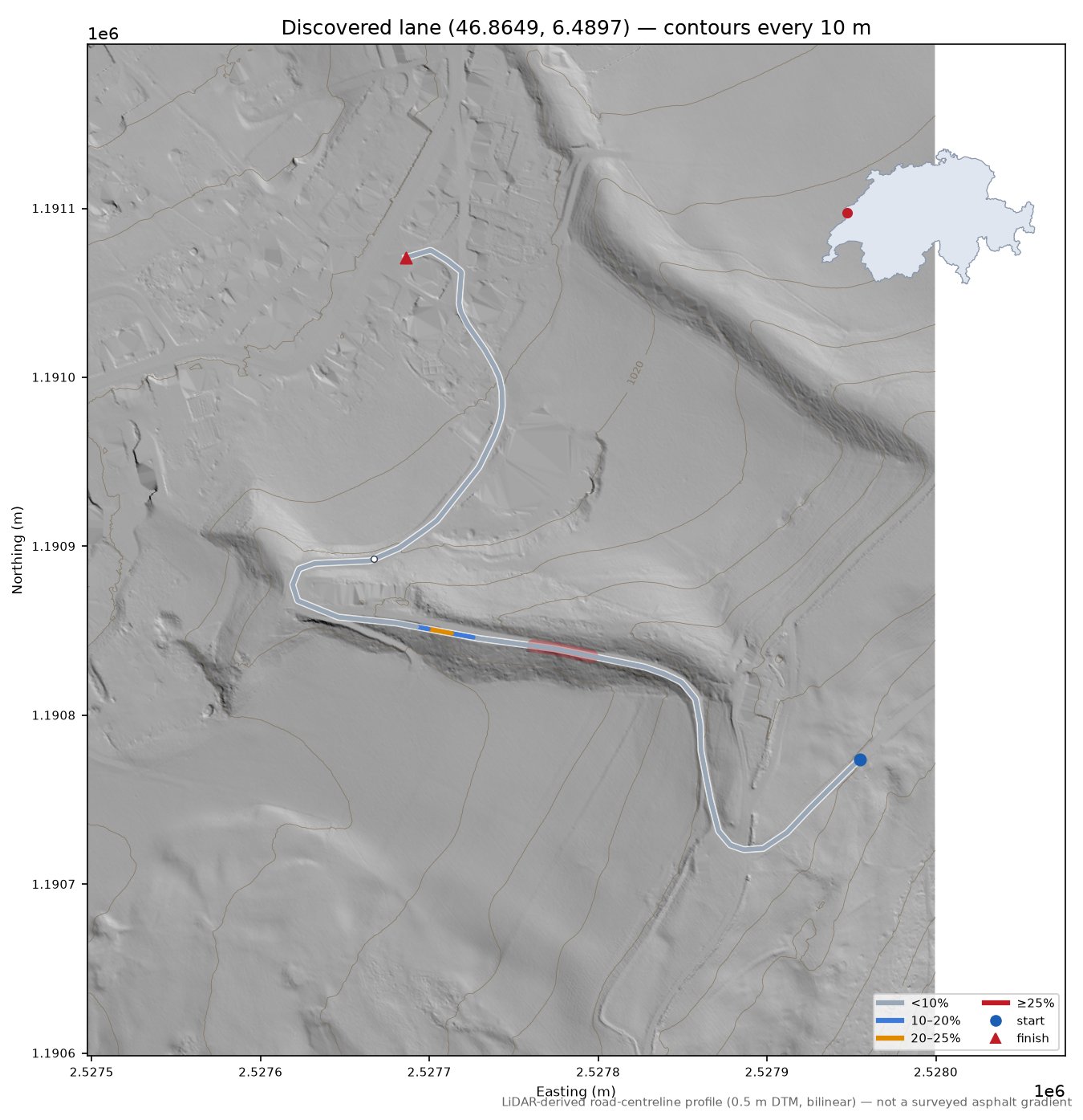 Discovered lane (46.8649, 6.4897) LiDAR hillshade map with contours