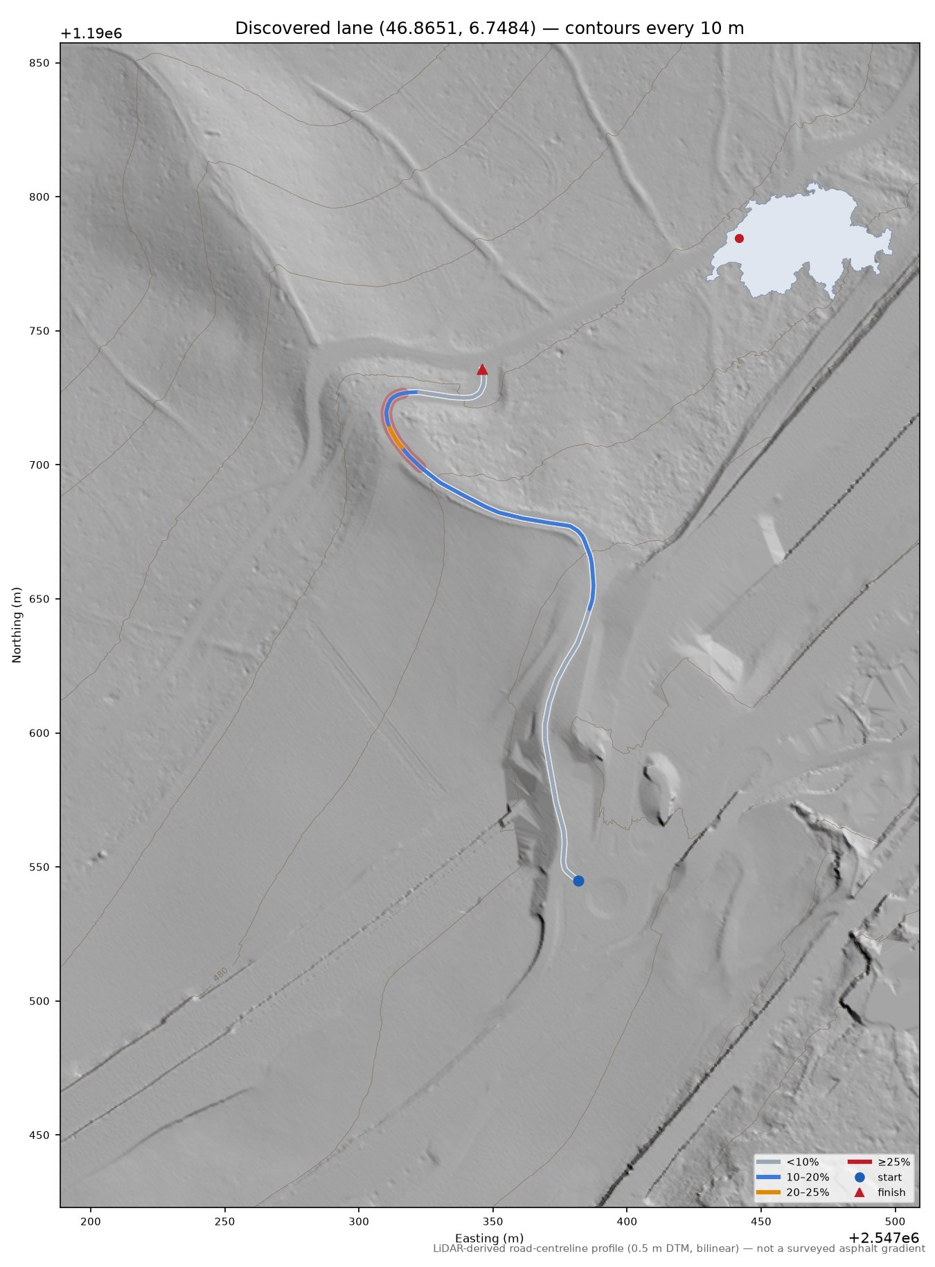 Discovered lane (46.8651, 6.7484) LiDAR hillshade map with contours
