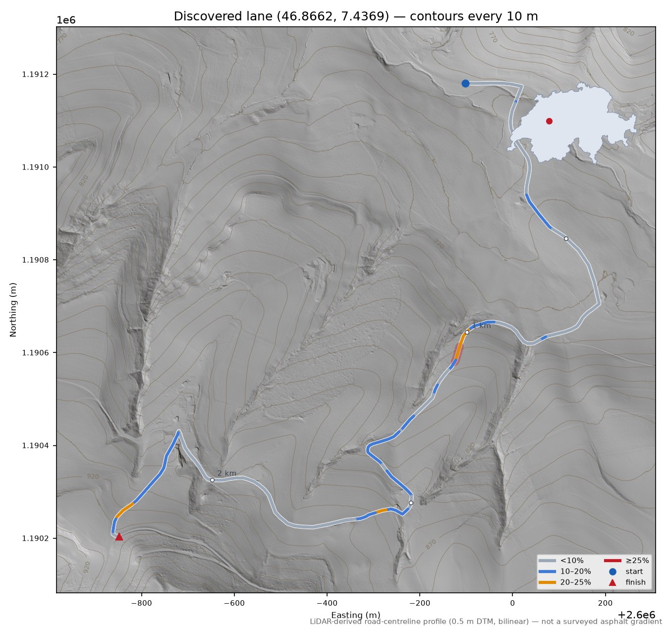 Discovered lane (46.8662, 7.4369) LiDAR hillshade map with contours