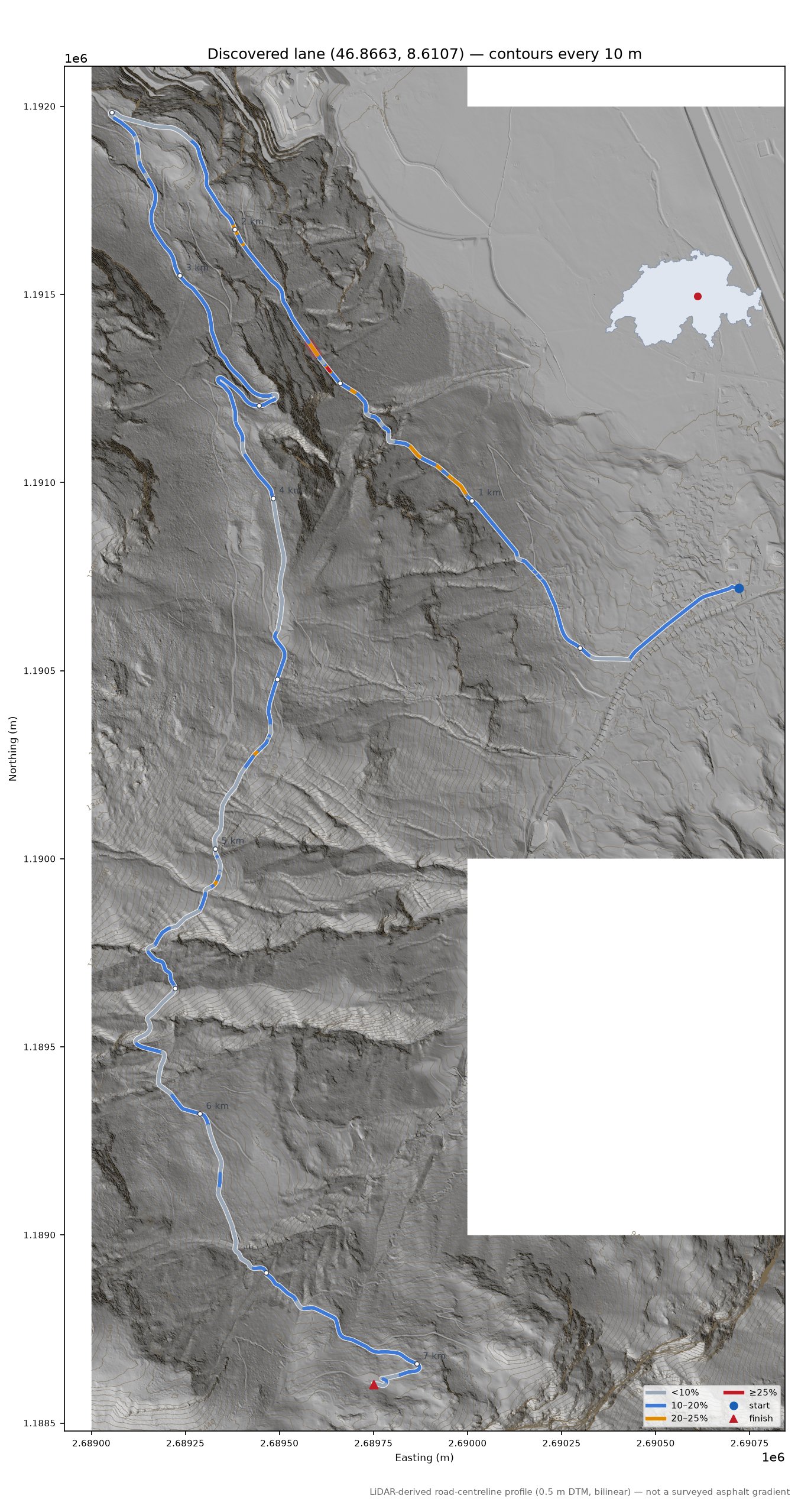 Discovered lane (46.8663, 8.6107) LiDAR hillshade map with contours