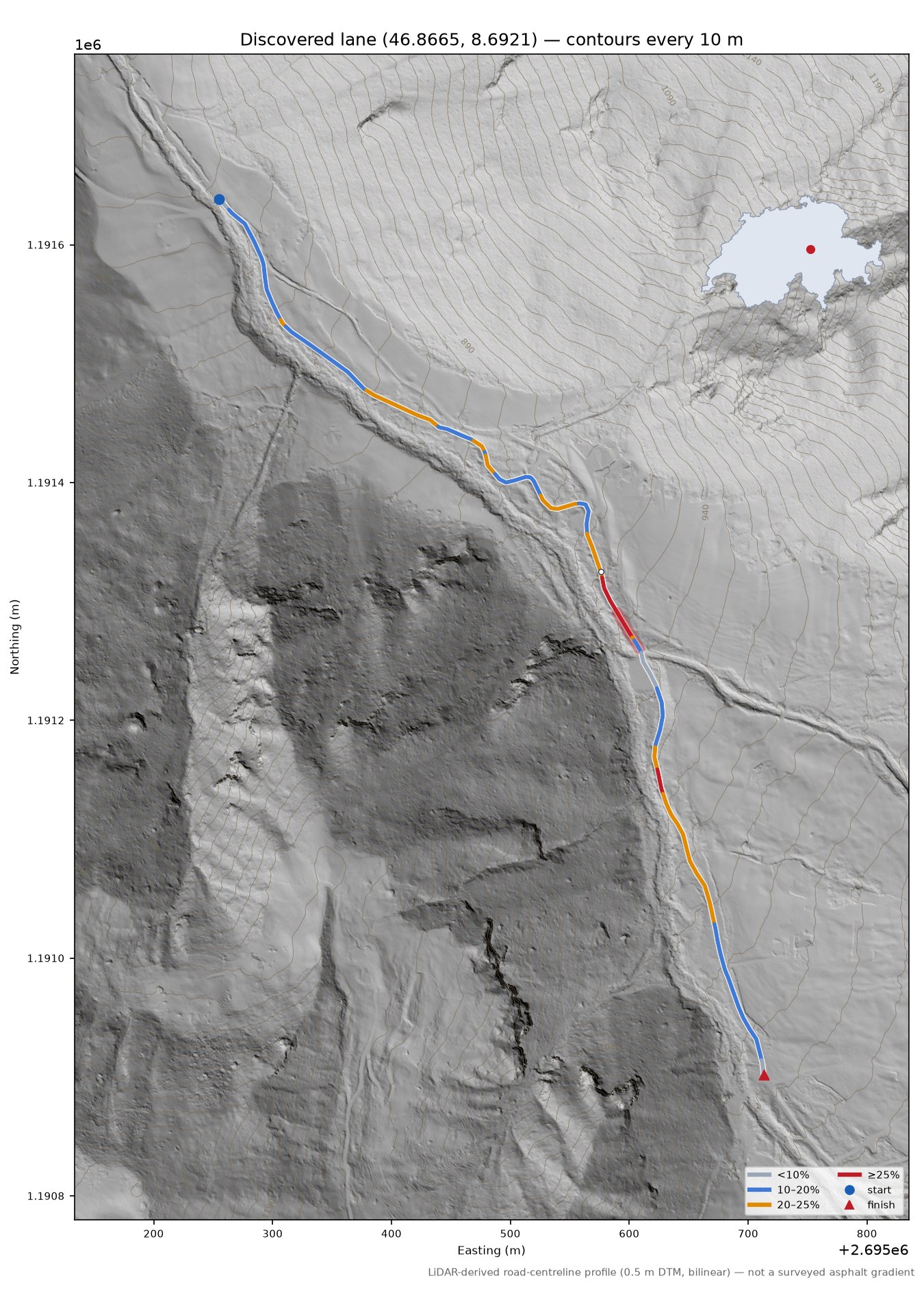 Discovered lane (46.8665, 8.6921) LiDAR hillshade map with contours