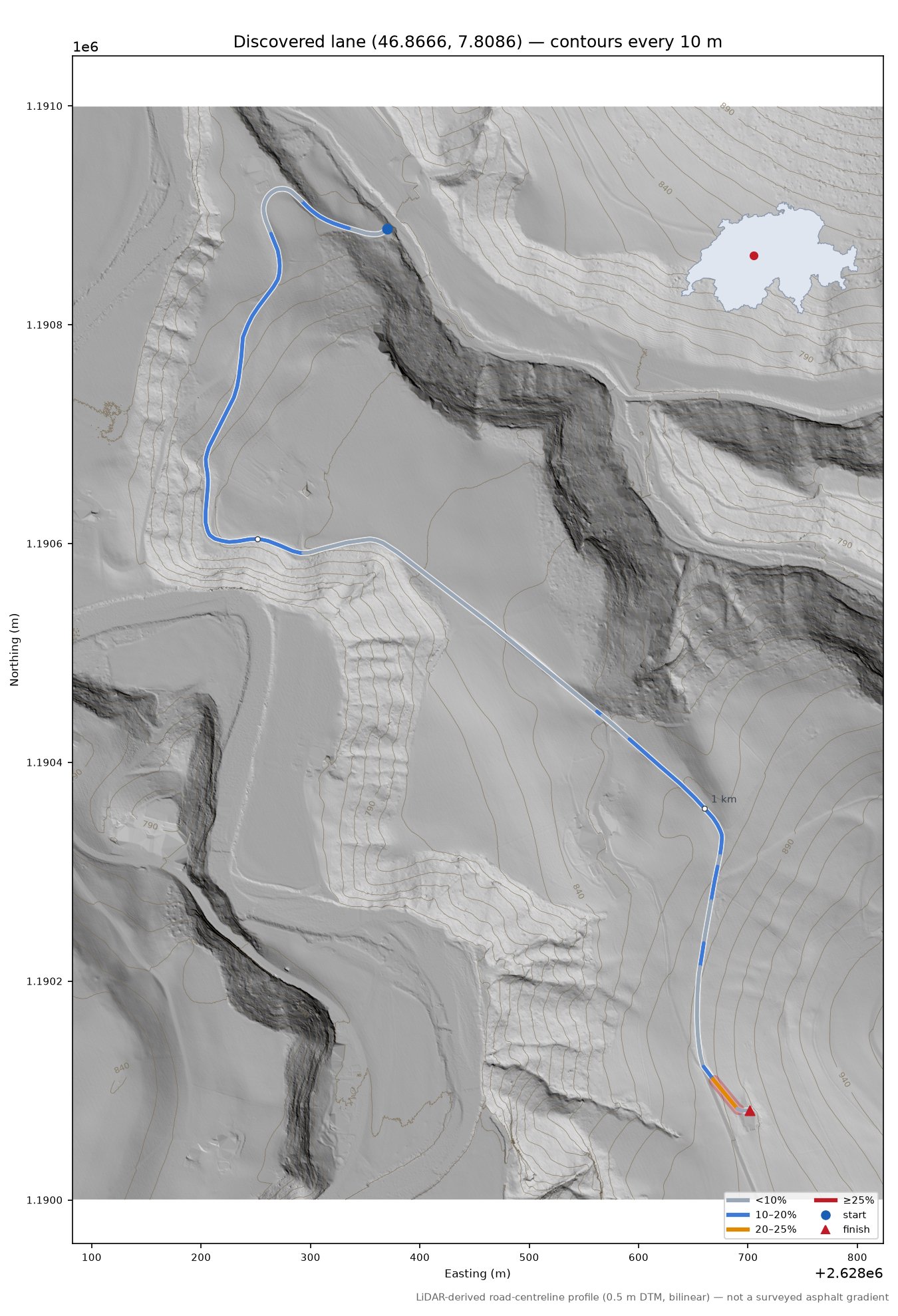Discovered lane (46.8666, 7.8086) LiDAR hillshade map with contours