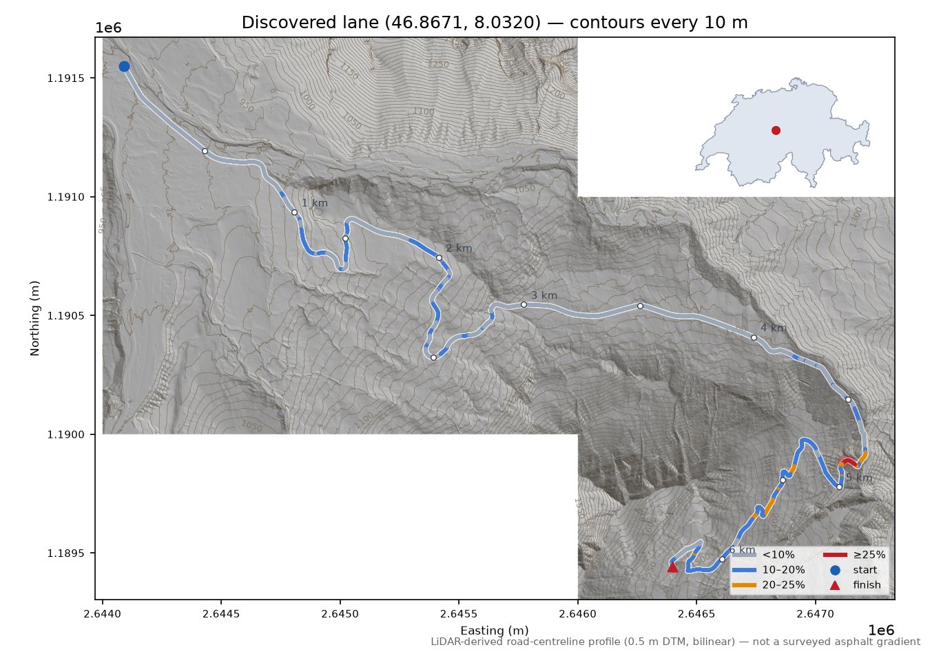 Discovered lane (46.8671, 8.0320) LiDAR hillshade map with contours