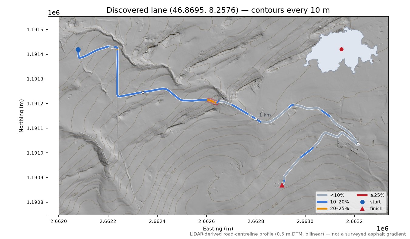 Discovered lane (46.8695, 8.2576) LiDAR hillshade map with contours