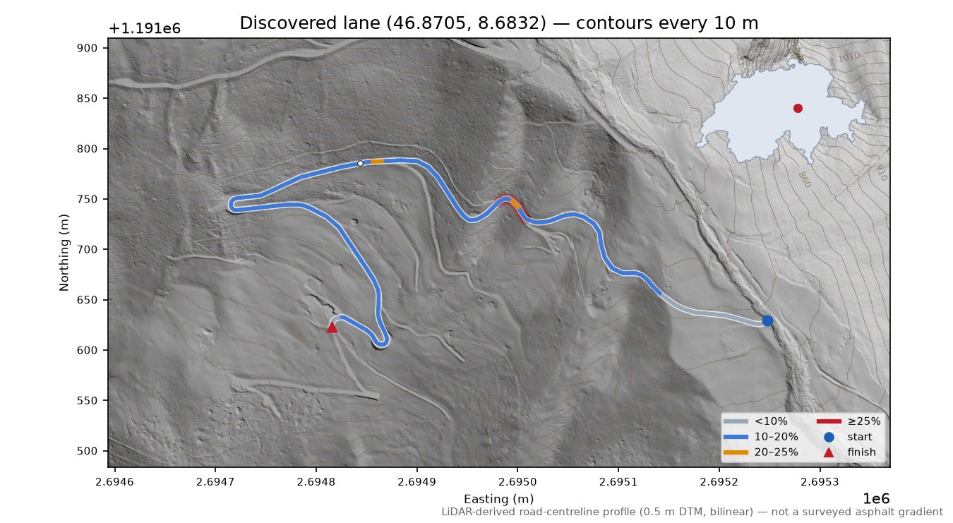 Discovered lane (46.8705, 8.6832) LiDAR hillshade map with contours