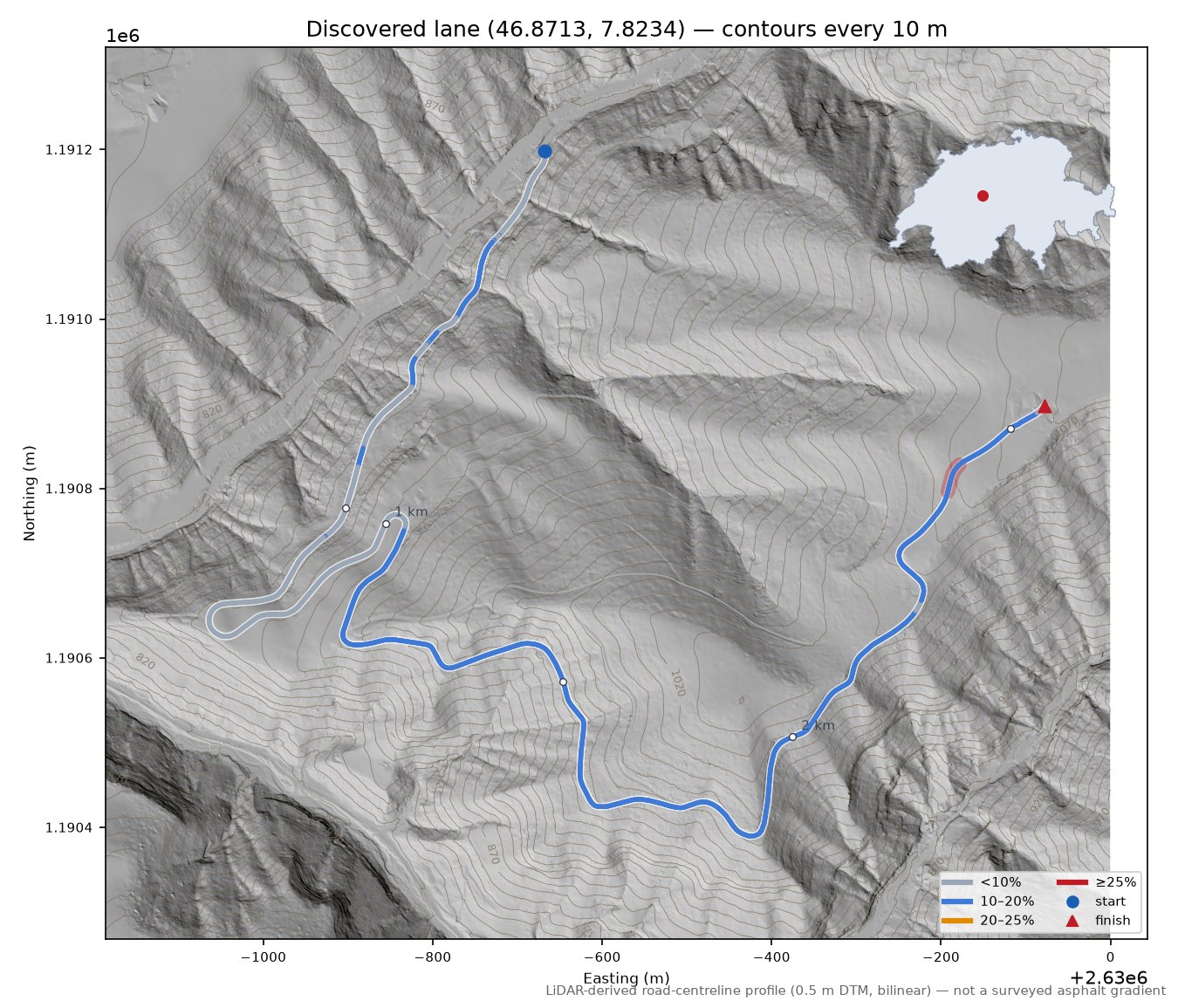 Discovered lane (46.8713, 7.8234) LiDAR hillshade map with contours