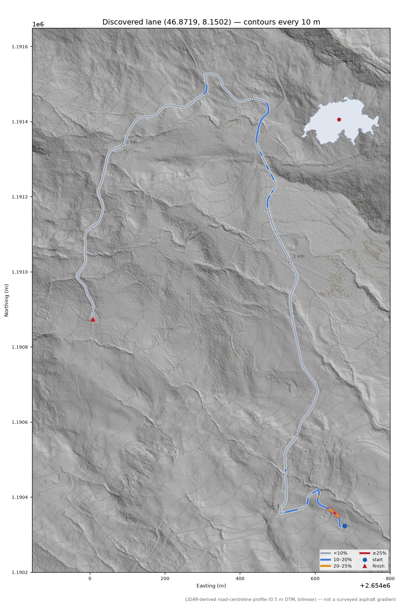 Discovered lane (46.8719, 8.1502) LiDAR hillshade map with contours