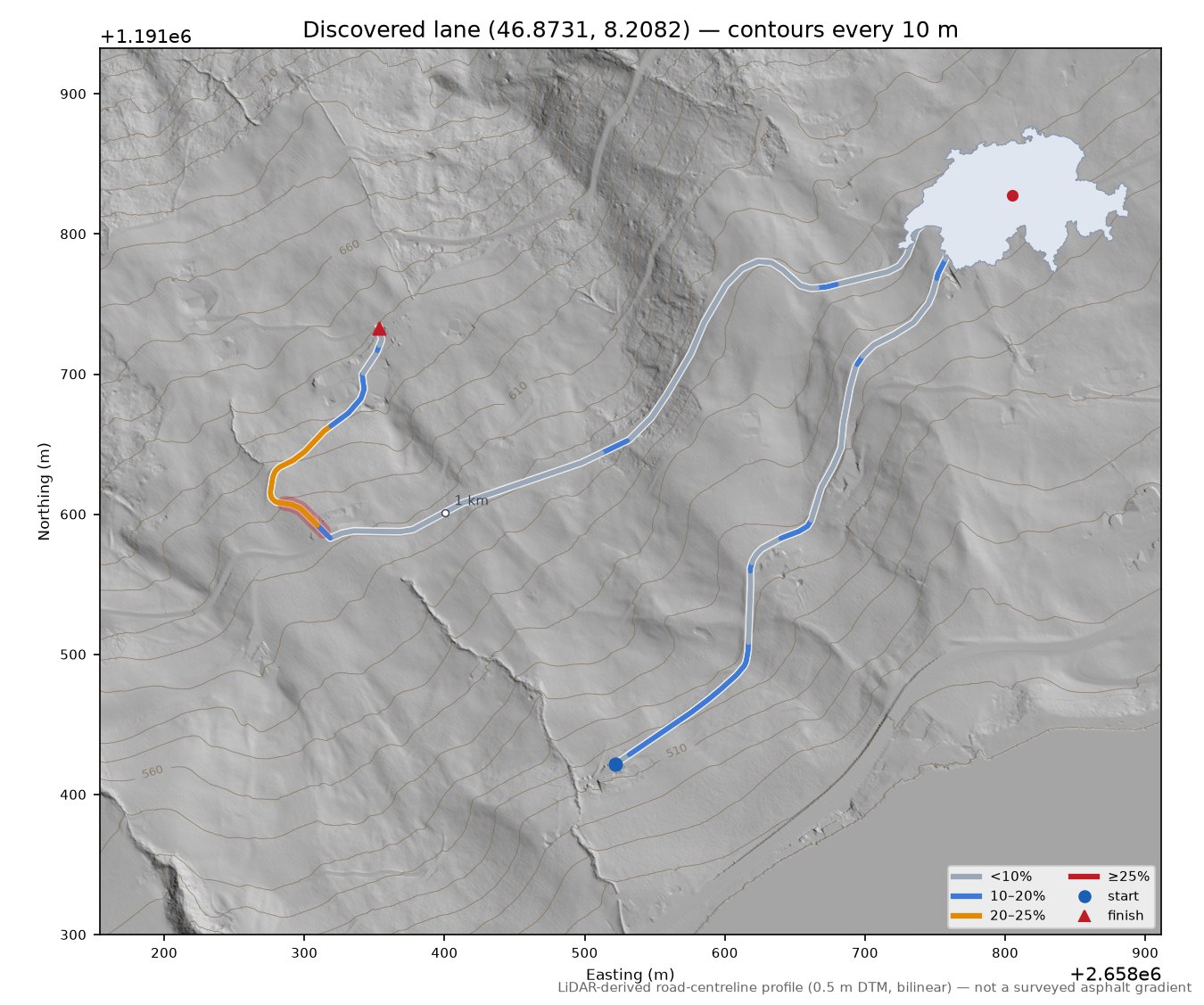 Discovered lane (46.8731, 8.2082) LiDAR hillshade map with contours