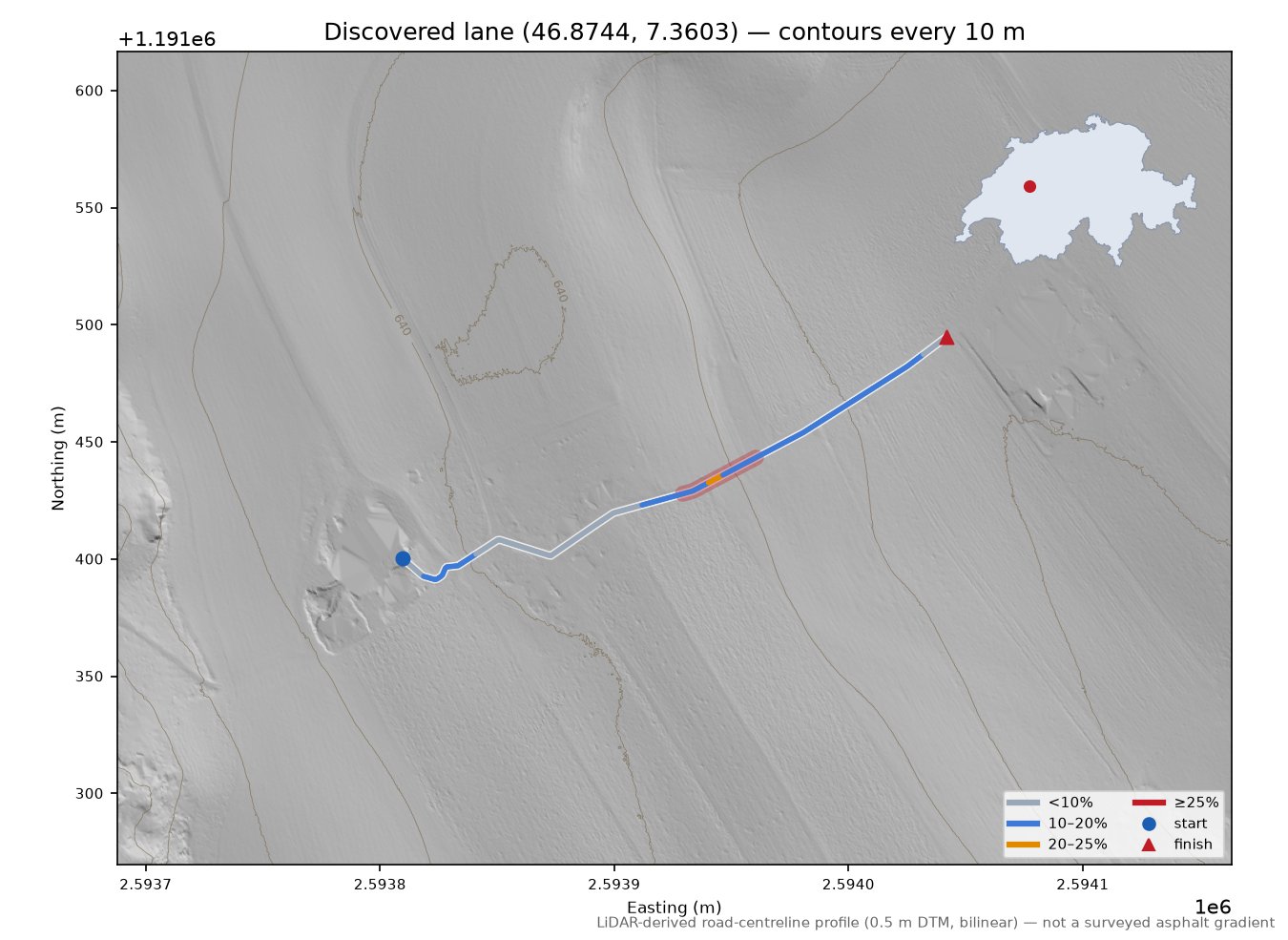 Discovered lane (46.8744, 7.3603) LiDAR hillshade map with contours