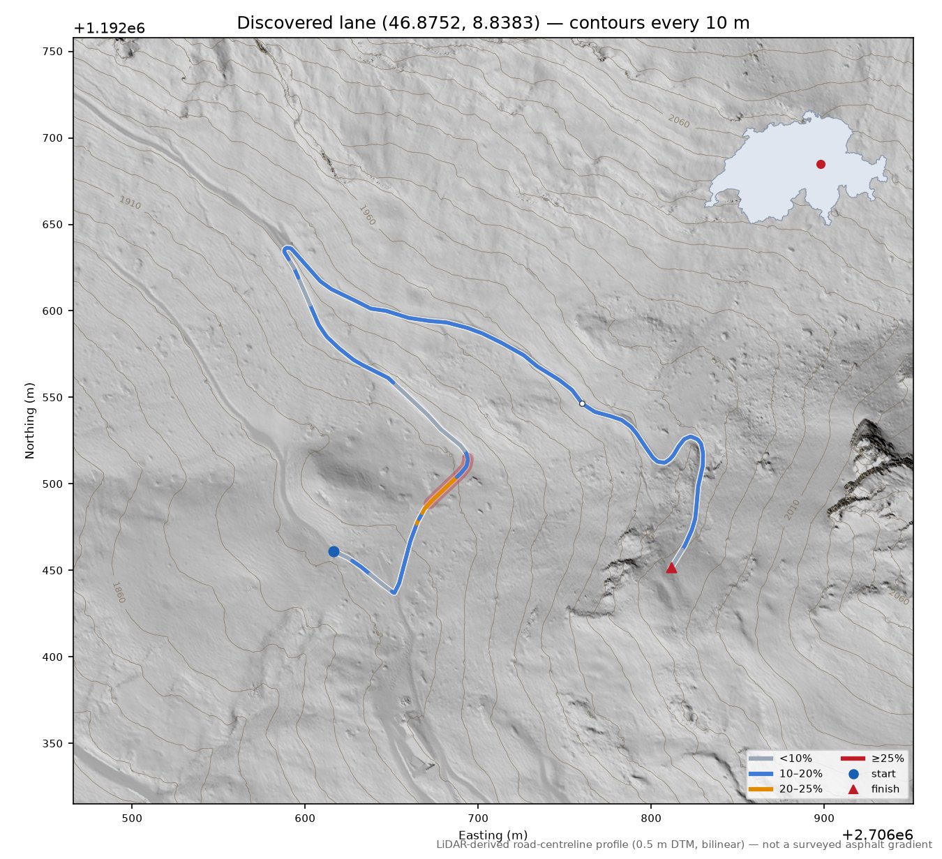 Discovered lane (46.8752, 8.8383) LiDAR hillshade map with contours